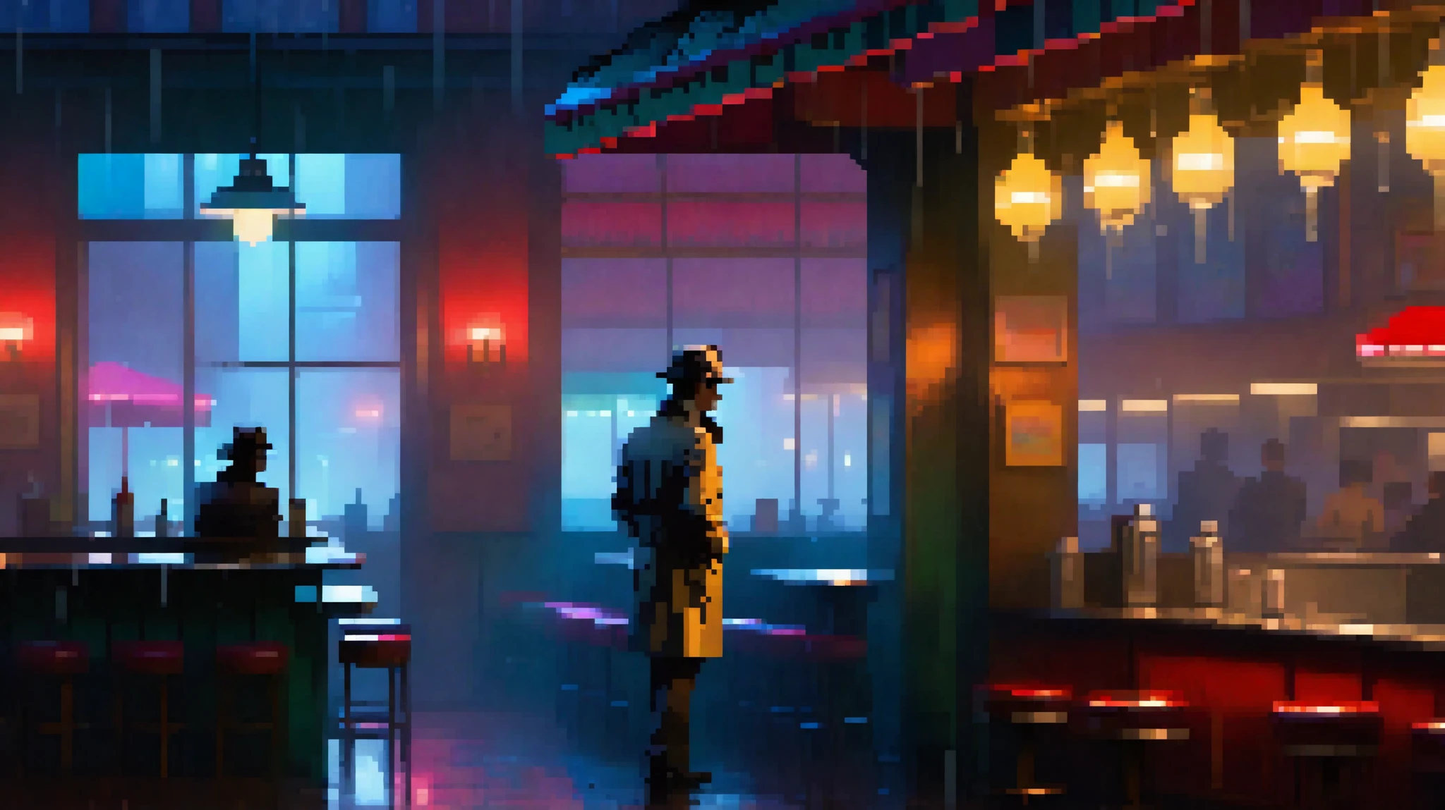 On the left side of the scene, a tired detective sits alone at the corner of a dimly lit bar counter. His trench coat is draped loosely over his shoulders, still damp from the fog outside. His fedora rests beside an untouched glass of whiskey, the rim fogged from the cold. He leans slightly forward, one elbow on the counter, a cigarette glowing faintly between his fingers. The smoke curls upward and fades into the low light. His eyes are half-closed, lost in thought — a man finally letting his guard down after a long night.

Additional Characters:
Across from him, near the end of the bar, a mysterious woman sits on a cracked red leather stool. She wears a dark coat and a light scarf, her silhouette softly illuminated by the neon light filtering through the rain-streaked window behind her. Her hand rests around a half-empty cup of coffee, untouched for some time. Her gaze is distant, reflective — she’s not looking at the detective, but somehow she feels aware of him. Her reflection glows faintly in the window, merging with the blurred city lights outside, giving her an almost ghostly presence.

Setting:
The scene takes place inside a quiet, nearly empty late-night diner at the edge of a foggy city. The walls are lined with aged wood paneling and cracked white tile, their edges yellowed by time and cigarette smoke. The rain outside patters softly against large front windows, distorting the view of flickering neon signs and blurred headlights. A small neon sign in the window reads “OPEN”, though the rest of the diner is clearly closed — chairs stacked on distant tables, jukebox silent, clock long stopped. A worn jukebox stands in the corner, its colored lights faintly glowing through the haze, casting soft hues of red, teal, and amber across the floor. In the background, a city skyline can be glimpsed through the rain-smeared glass, its shapes lost in fog.