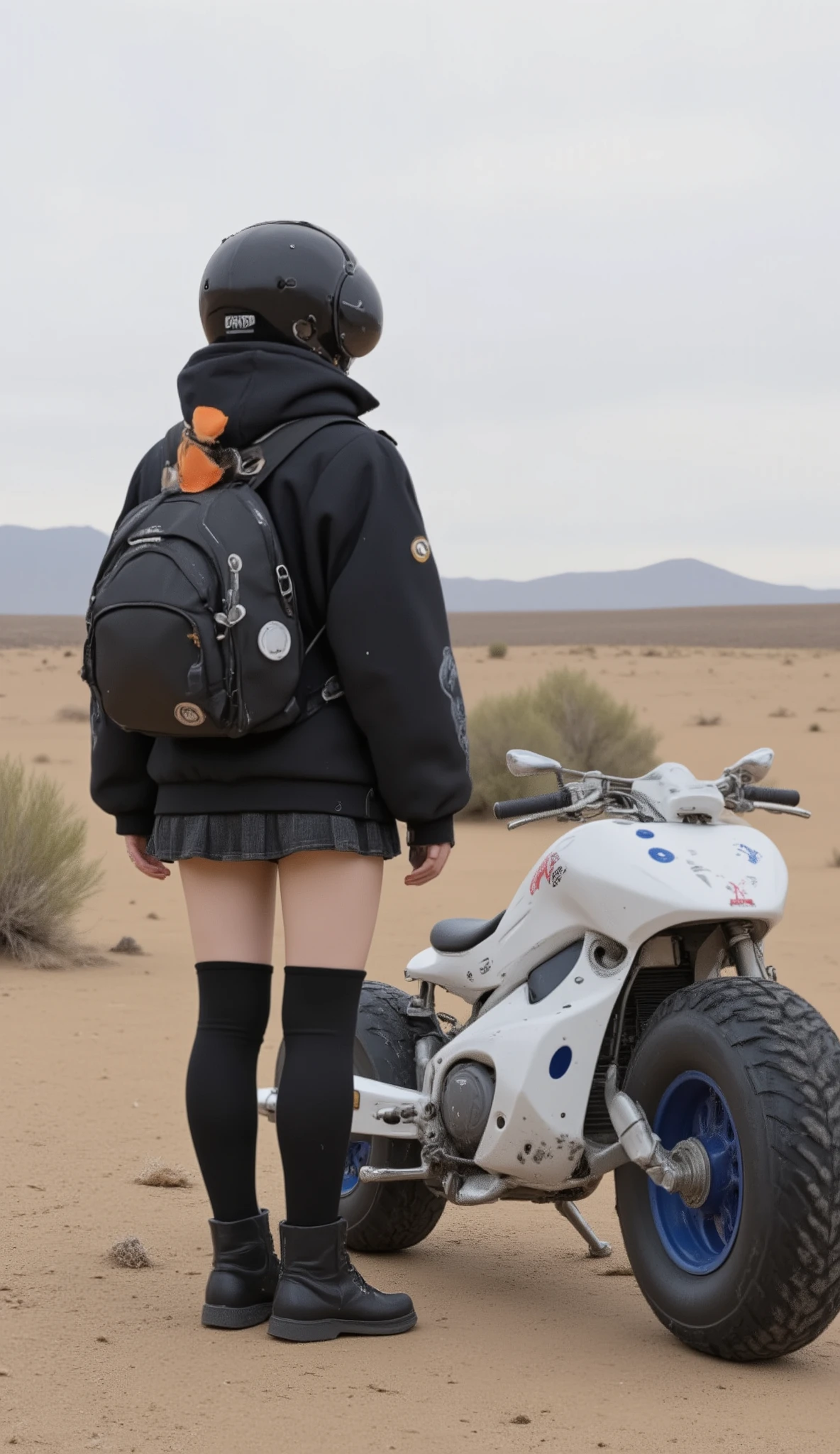 Aerial photography、若い女性teeth、exudes preparation and adventure in a desolate landscape {x} stands confidently beside a futuristic vehicle similar to a scooter or compact ATV. 彼女teethなめらかな, casually printed、; a black, short skirt that adds modernity to, monochrome theme in the image. Her impressive, knee-high, 明るいorange色のブーツteeth、It contrasts sharply with the style-focused。. The vehicle beside her is predominantly white with clean, angular lines and large, Sturdy, 。subject. number "4006" The black jacket, teeth、blue accents on the sides. デザインteethミニマリズム, emphasizes functionality, black tire color scheme designed for off-road use, white, orange. 少女の姿勢と車両のSturdy外観teeth、and the sporty vibe alluding to the model or series, plain setting with、subject.