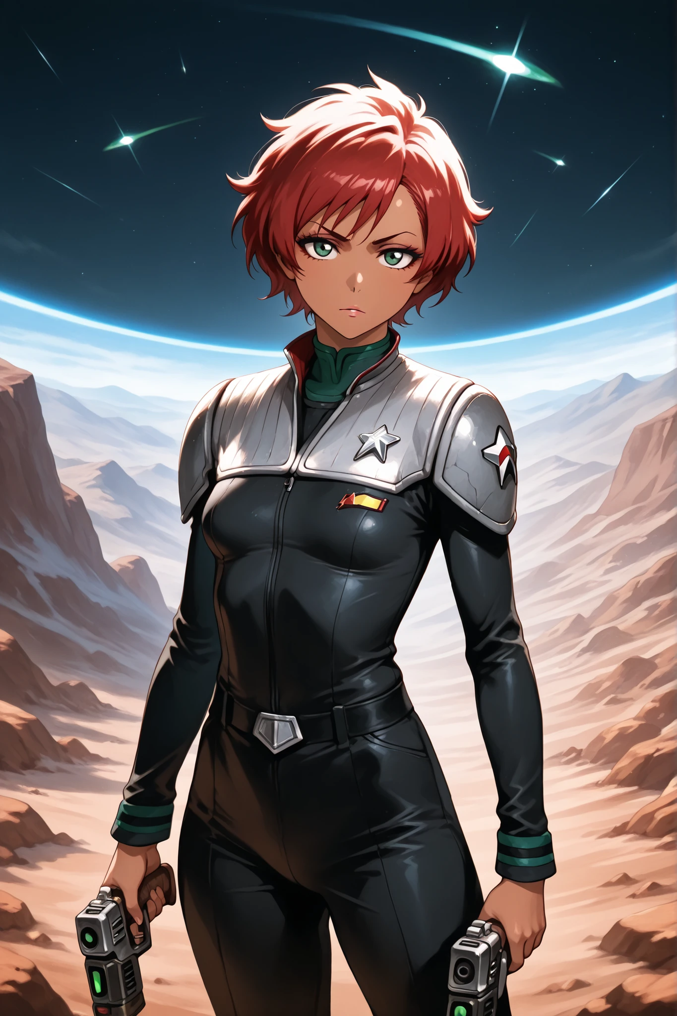 Masterpiece, highly detailed, beautiful woman, tall,  character, Star Trek (human female) Beautiful Asian Woman, Michiko Nishiwaki, short red hair, symmetrical bangs, makeup, small breasts, tanned skin,ds9st,black and grey star trek uniform,grey shoulders, emerald green neck,emerald green strip at wrist,black jumpsuit,long black sleeves,black pants, sci-fi  chest and shoulder armor, holding a phaser, alien landscape, Bleach art style