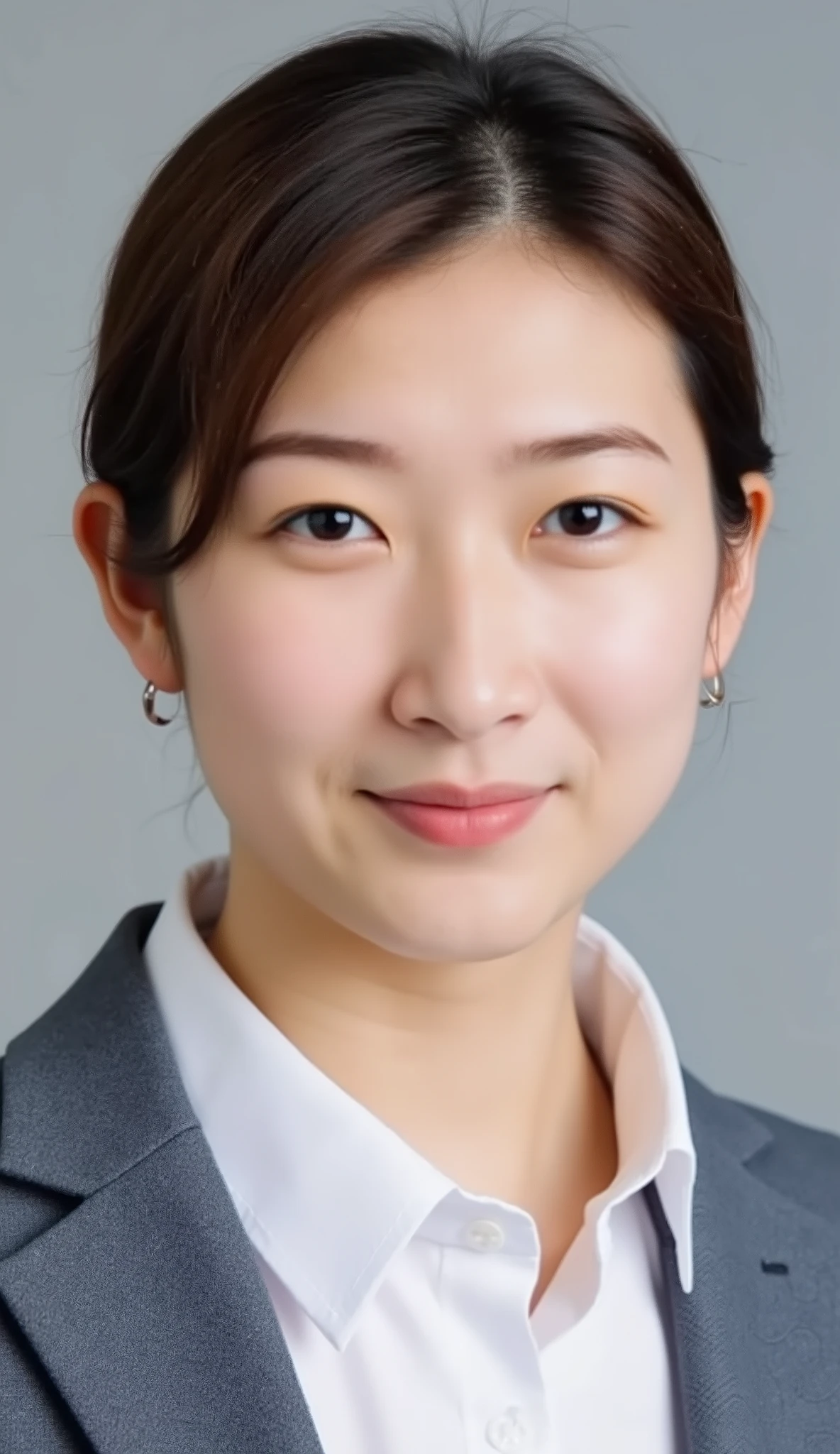 Passport photo of a neat young woman、facing directly、camera list、office lady suit、jacket、shirt、、、ear piercings、前髪あり、、口を閉じた笑顔、、has closed its mouth、face close-up、grey background