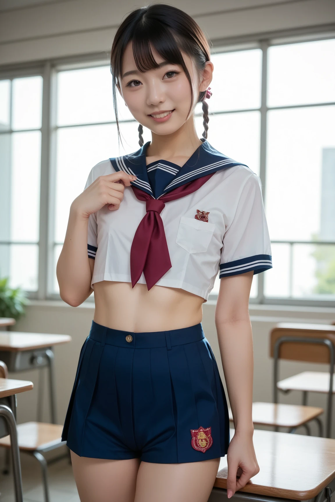 highest quality,Photo quality,Ultra-high resolution,Professional Lighting,((15-year-old high school girl))、Beautiful actress,Thin face,Healthy Skin,Japanese,,highest quality,Photo quality,Ultra-high resolution,Professional Lighting,((15-year-old high school girl))、Beautiful actress,Thin face,Healthy Skin,Twin tails、(Sailor suit:1.1),Small breasts,Natural Makeup,belly button,Tightening(Sailor suit:1.1),Small breasts,Natural Makeup,((belly button)),(Tightening)