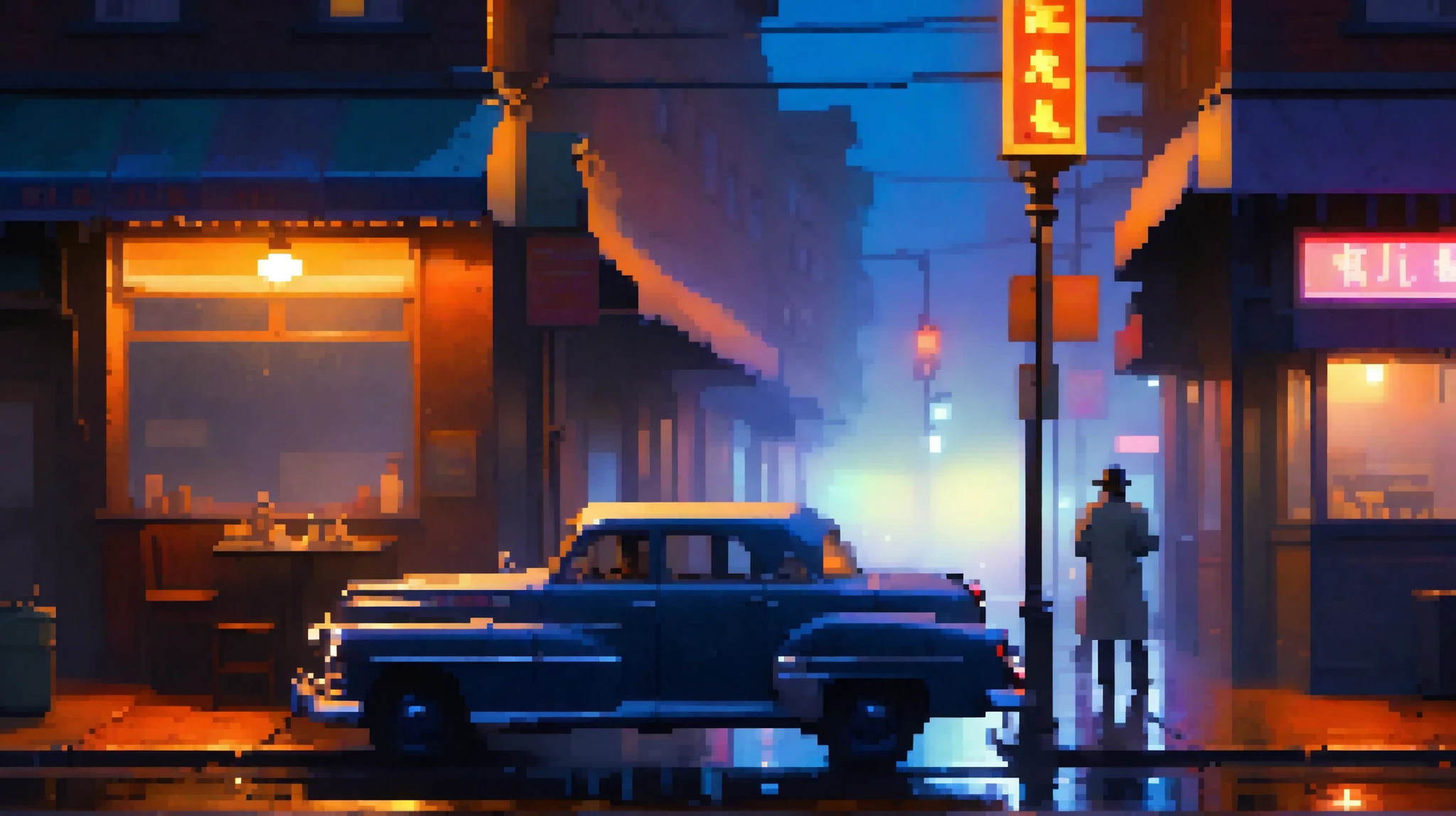 On the left side of the scene, a weary urban detective sits slouched on a worn wooden bench beneath a flickering streetlamp. He wears a rumpled trench coat and a fedora tilted low, casting a shadow over his tired eyes. A faint wisp of smoke rises from the cigarette resting between his fingers, its ember glowing softly in the dark. His pistol holster is unbuckled, the gun resting loosely beside him, showing a moment of vulnerability and peace. His expression is calm, reflective — the kind of quiet exhaustion that only comes when the city finally lets him rest.
Across from the detective, on the right side of the scene, a 1990s-style sedan is parked by the curb under a dim neon sign that reads “Midnight Diner.” Its headlights are off, and faint mist curls around its tires. A stray cat sleeps on the hood, curled in a small ball, its tail twitching in a dream. The faint reflection of the detective shimmers in the car’s polished door, blurred by the cool night air.
The environment is a quiet, empty street in the heart of a sleeping city — late at night, long past closing hours. The wet pavement glistens under the glow of neon lights and distant streetlamps. In the background, tall buildings fade into a hazy fog, their windows mostly dark except for a few flickering lights. A small diner window glows warmly with a red neon “OPEN” sign still on, though no one is inside. A faint plume of steam rises from a nearby manhole, adding movement to the stillness.
The lighting is a soft blend of cool moonlight and warm neon glows. The streetlamp casts a gentle golden pool of light around the detective, contrasting with the surrounding cool blues and muted purples of the night. The atmosphere is peaceful, nostalgic, and slightly melancholic, capturing a rare stillness in a city that never truly sleeps. Subtle reflections ripple across the wet street, and the fog softens the outline.