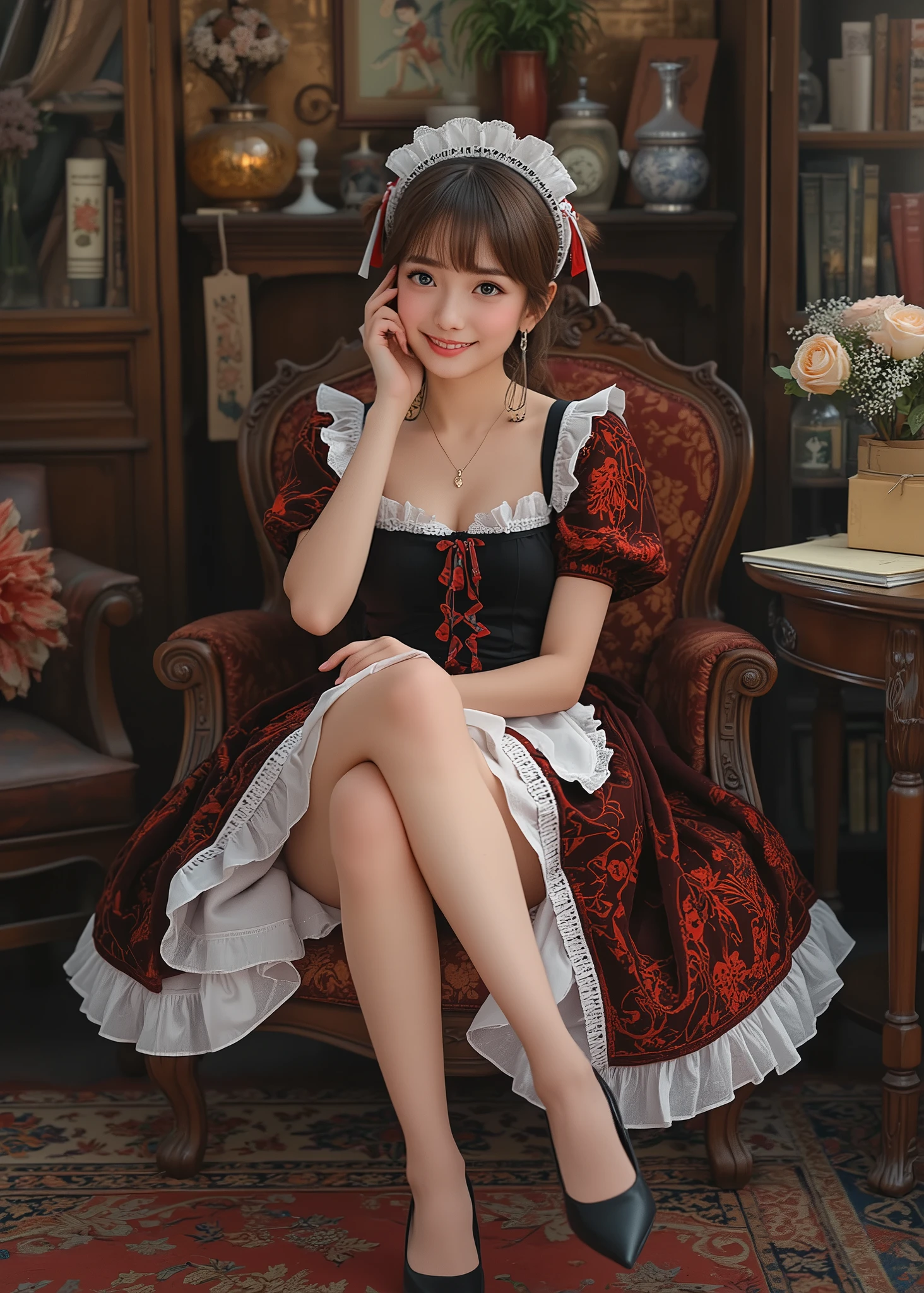 cuteloli,((最high quality、masterpiece、high sensitivity、High Fine、detailed explanation、delicate face、Fvalue:6.0)),((Slender and cute Japanese woman 、16 years old)),Advanced Digital Art、Beautiful Girl with a Grinning Face、Smile Yang、Black and Red Maid Dress、Old Western Style Room、 sitting in a luxurious chair 、Please cross your legs、beautiful legs、black low heels, r smooth skin on the road、small breasted、beautiful four fingers、(full body photo、full body shot、body)、high quality、32K