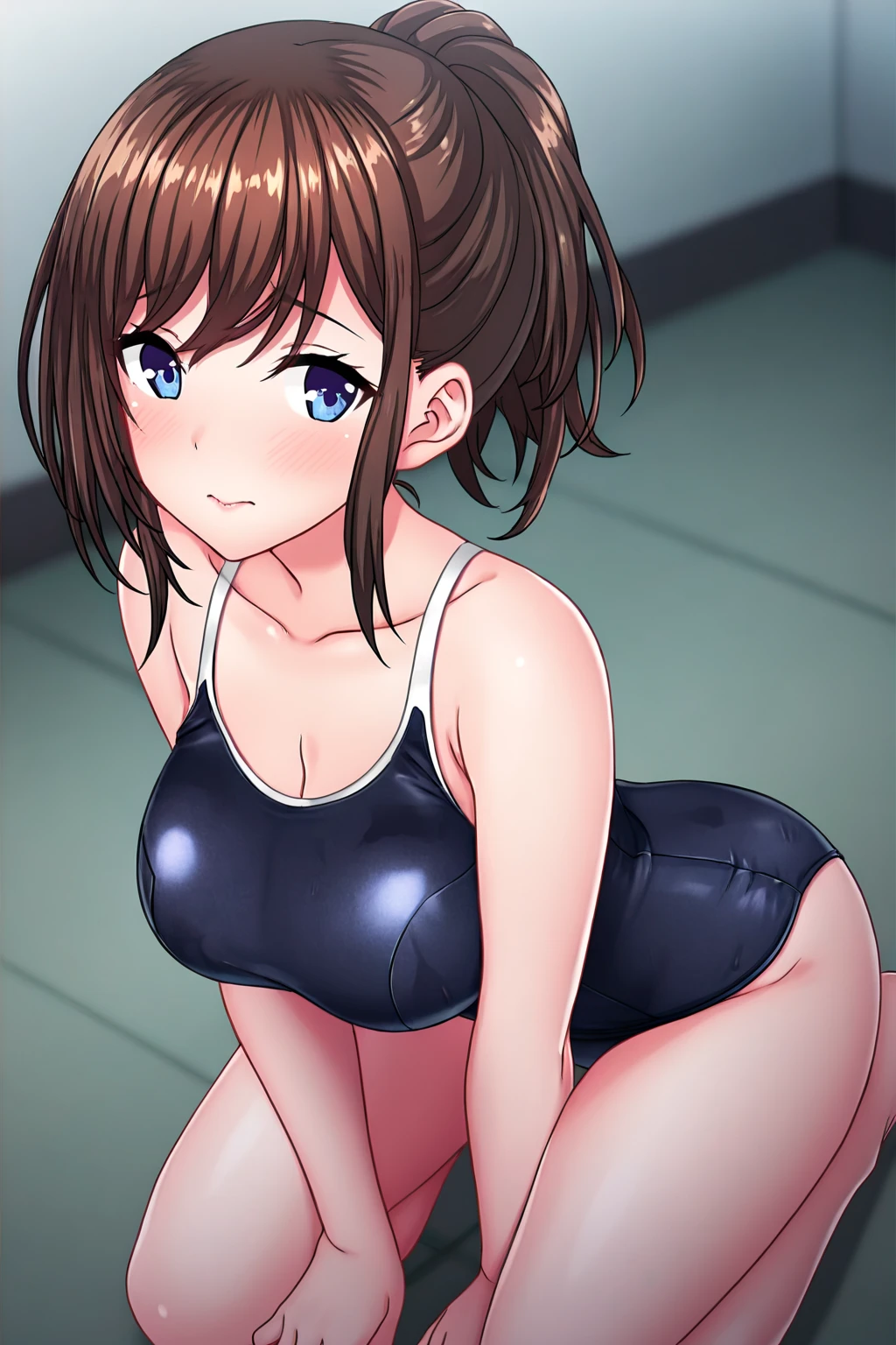 natsukawa_machiko, green_eyes, one-piece swimsuit, pool, covered nipples, cameltoe, standing,      <lora:natsukawa_machiko_v3:0.8>, masterpiece, best quality