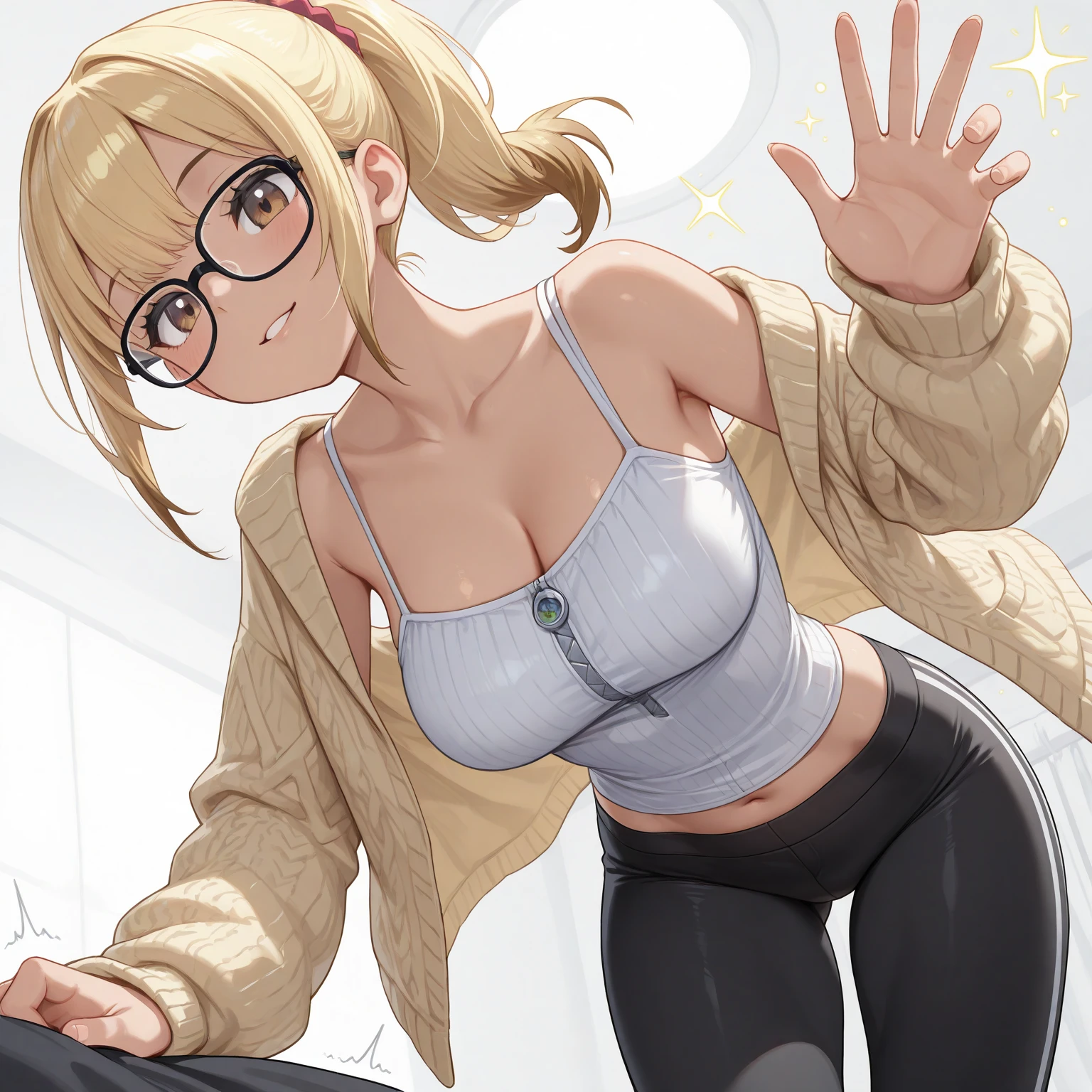 woman,14 years old,,city,night,(((white and blue tight miniskirt bodysuit))),,open mouth smile((See-through))(((glasses))),((beautiful long ponytail)),(()),blush、surprised face,((())),((blonde))(((On the way to changing clothes)))(((While taking off my clothes)))