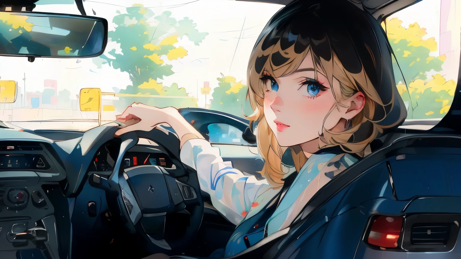 While driving、Night City、year zero、solo blond woman、hair shortcut、midnight、Blond woman with blue eyes and eyes、4K high resolution、Ultra Fine、vibrant colors、Realistic、HDR、UHD、studio lighting、super fine painting、sharp focus、physical based rendering、extreme detail、professional、brightly colored、Bokeh、Full Body、blue dress
