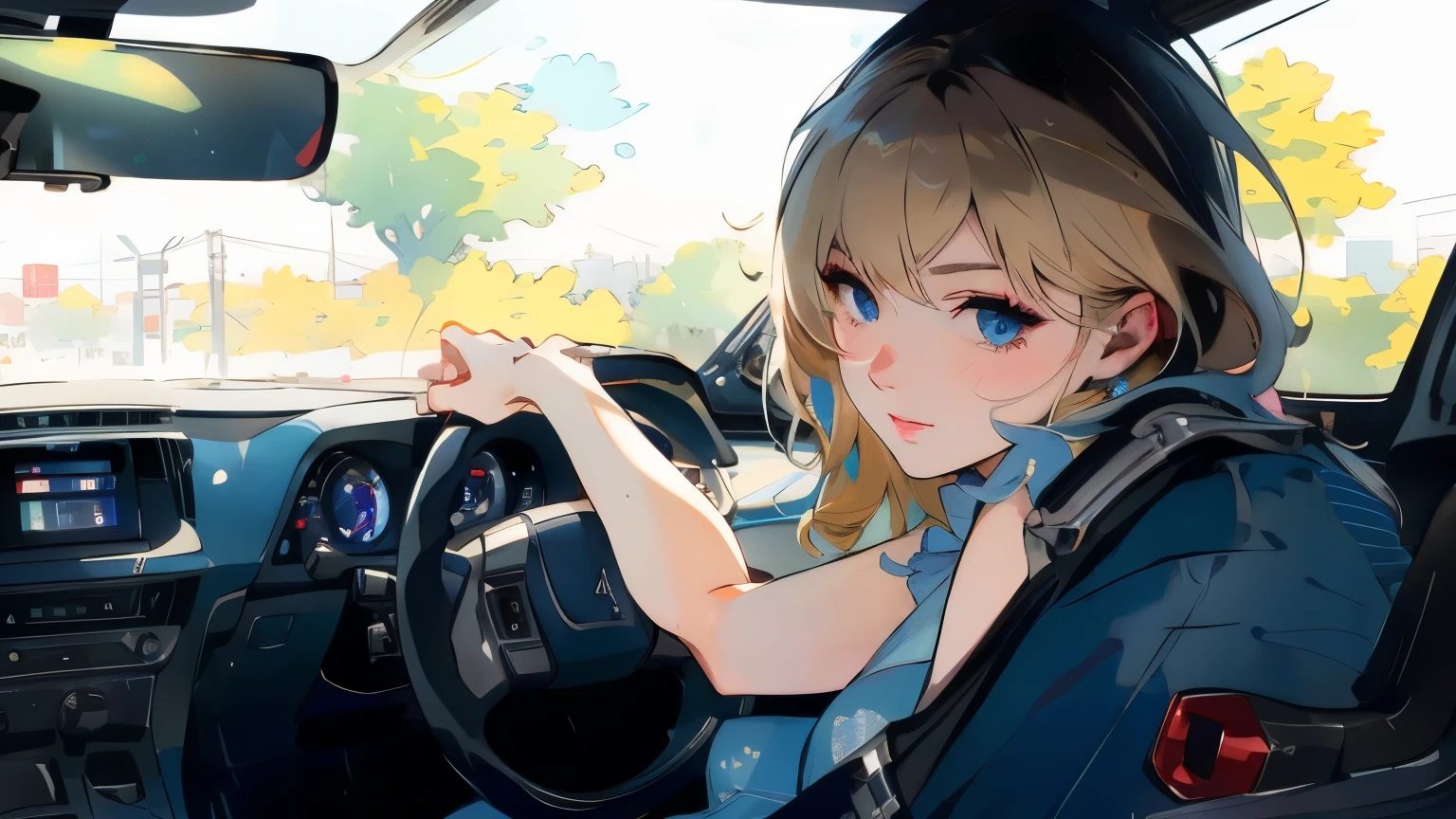 While driving、Night City、year zero、solo blond woman、hair shortcut、midnight、Blond woman with blue eyes and eyes、4K high resolution、Ultra Fine、vibrant colors、Realistic、HDR、UHD、studio lighting、super fine painting、sharp focus、physical based rendering、extreme detail、professional、brightly colored、Bokeh、Full Body、blue dress