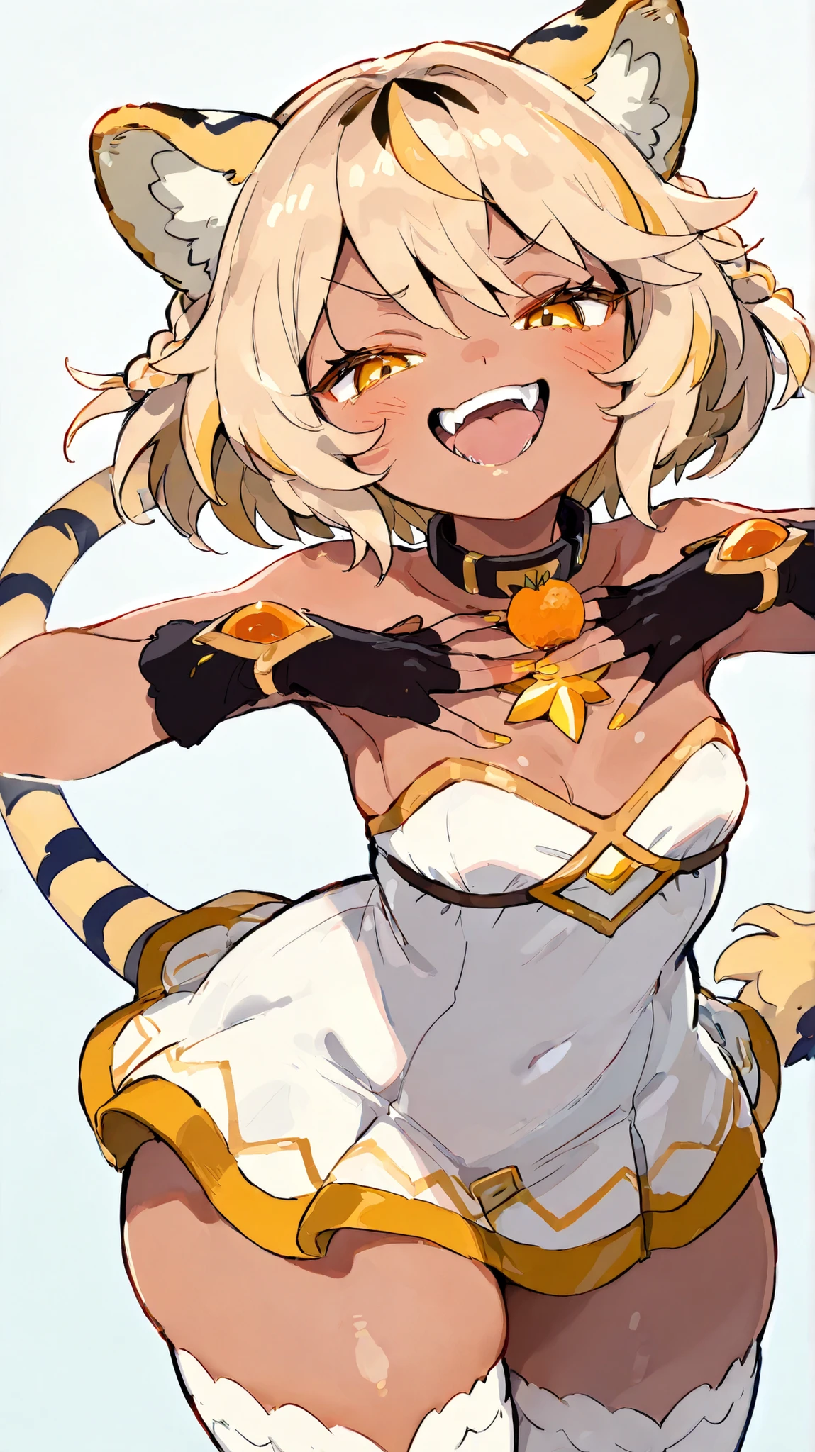 seen from the front, From in front of her, Girl with slightly light brown skin, smug look , smiling with her teeth and small fangs and gently biting her tongue, Hands above your chest, caderas anchas, Thick thighs, with tiger ears and tail , wearing a black pet collar, short hair with two front braids, blond hair with brown tips, golden eyes, short white strapless dress with small orange ornaments, with tight fitting long white fingerless gloves, with yellow nails, with white stockings