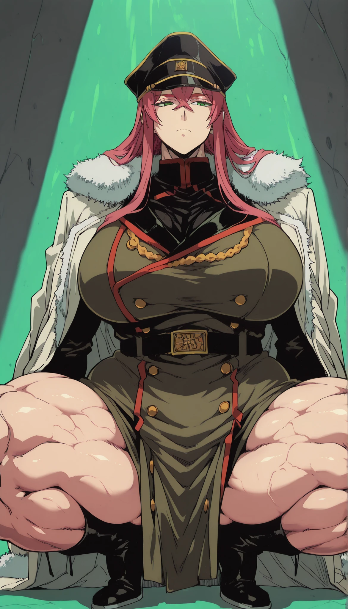 source_anime, 1woman, solo, mature, princia funnybunny, long hair, green eyes, pink hair, red hair, crossed bangs, sidelocks, hat, jacket, belt, uniform, fur trim, military, military uniform, peaked cap, large breasts, thick muscular thighs, wide curvy hips, voluptuous body, Curvy body, thicc woman, in squats position, legs spreading wide, full body