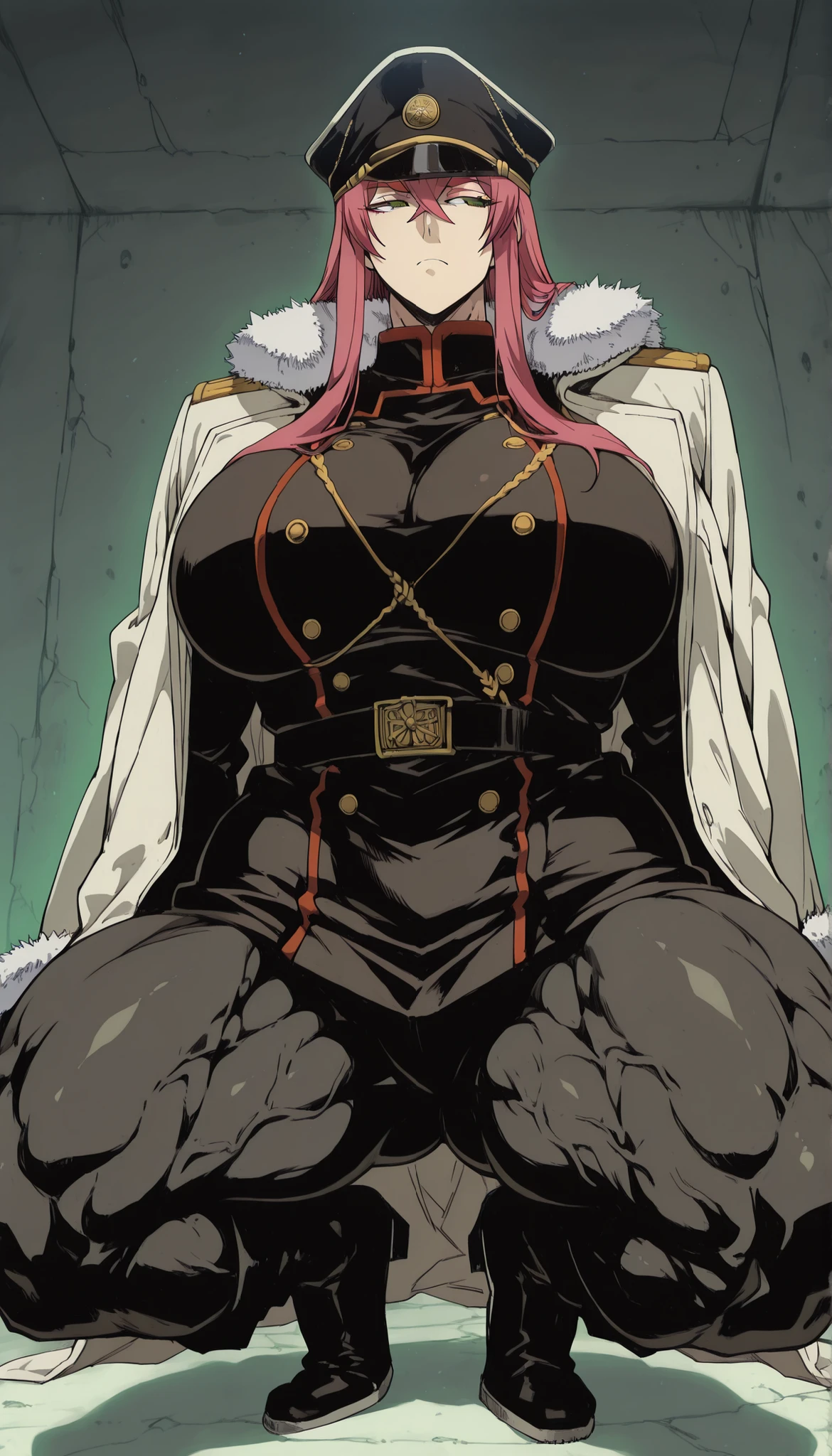 source_anime, 1woman, solo, mature, princia funnybunny, long hair, green eyes, pink hair, red hair, crossed bangs, sidelocks, hat, jacket, belt, uniform, fur trim, military, military uniform, peaked cap, large breasts, thick muscular thighs, wide curvy hips, voluptuous body, Curvy body, thicc woman, in squats position, legs spreading wide, full body