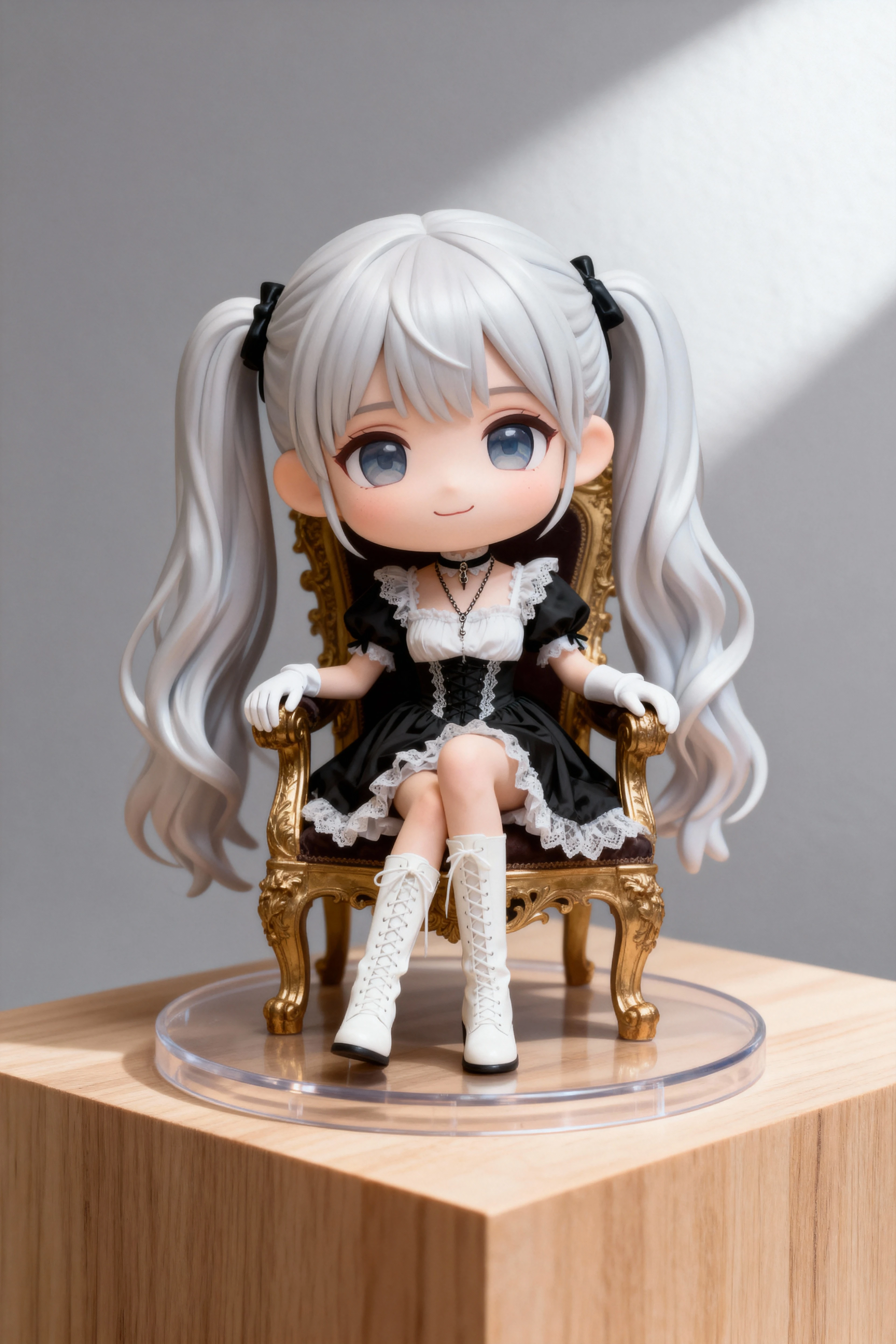 (masterpiece),(best quality),(ultra-detailed), (full body:1.2),
1girl,chibi,cute, smile,
white Bob haircut, red eyes, earring,
white shirt,black skirt, lace legwear,
(sitting on red sofa),
seductive posture, smile,
A sleek black coffee table sits in front of the sofa and a few decorative items are placed on the shelves,
(beautiful detailed face), (beautiful detailed eyes),
 <lora:blindbox_v1_mix:1>,