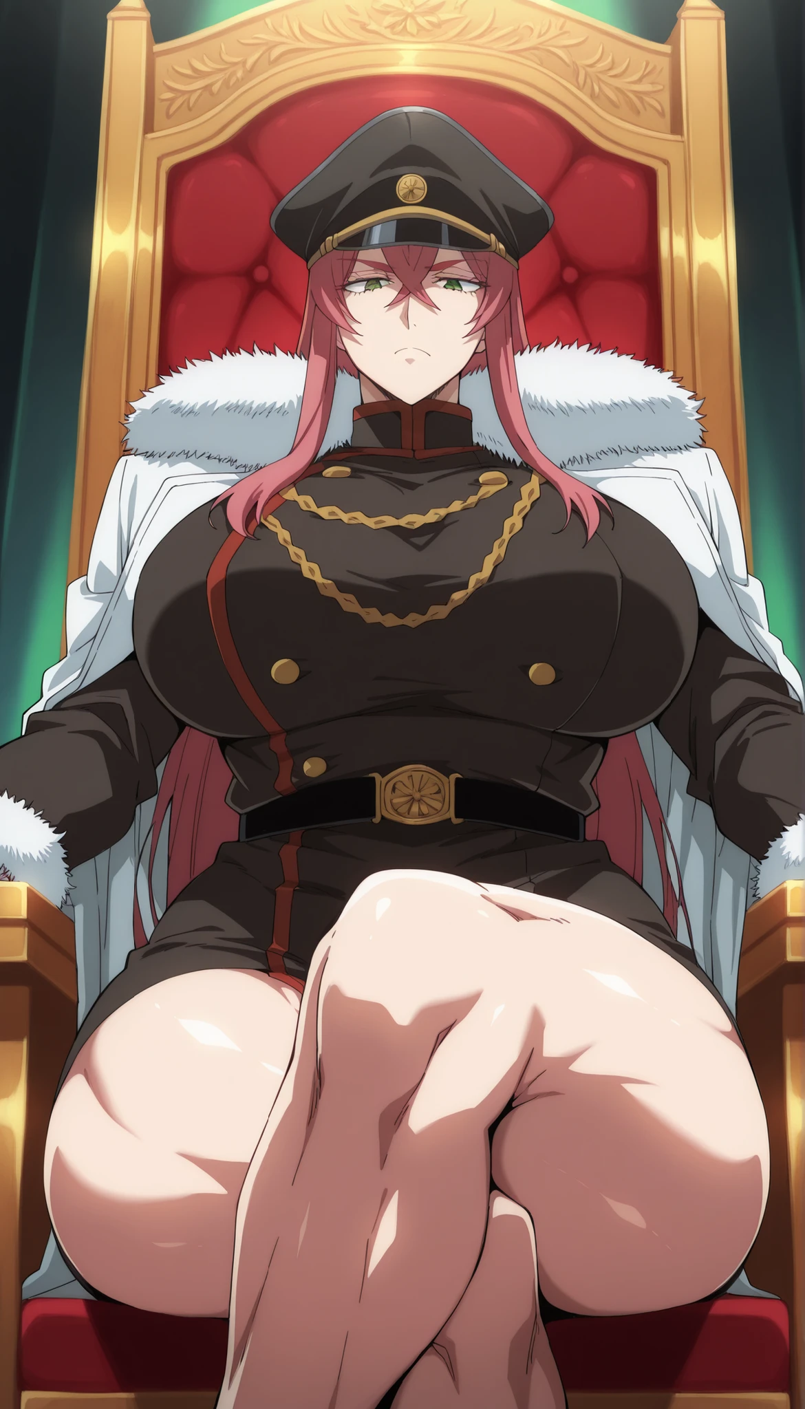 source_anime, 1woman, solo, mature, princia funnybunny, long hair, green eyes, pink hair, red hair, crossed bangs, sidelocks, hat, jacket, belt, uniform, fur trim, military, military uniform, peaked cap, large breasts, thick muscular thighs, wide curvy hips, voluptuous body, Curvy body, thicc woman,sitting on throne, legs crossed, from below, dynamic angle