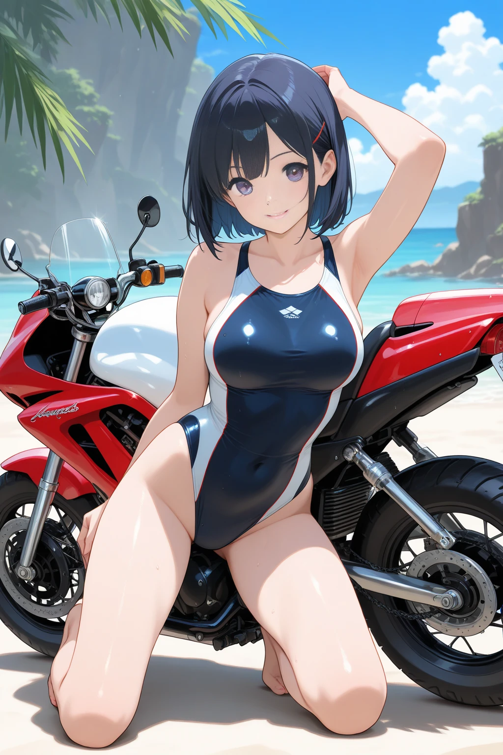 highest quality, masterpiece, High resolution, Two beautiful girls, Long black hair, amount, Brown hair shortcut, Fluttering Hair, trip, motorcycle, Race, circuit, Super Sports, Moto GP, smile, sidecar, Racing Suits, Leather satisfies everything, rider, Helmet, Race queen, Swimwear, , bikini, Parasol, boots, sunny, blue sky, Pit stop, Pit staff, Composition  at an angle、、Giant tit、 Puffs、Cleavage、Plump、Super big breasts、Super big butt