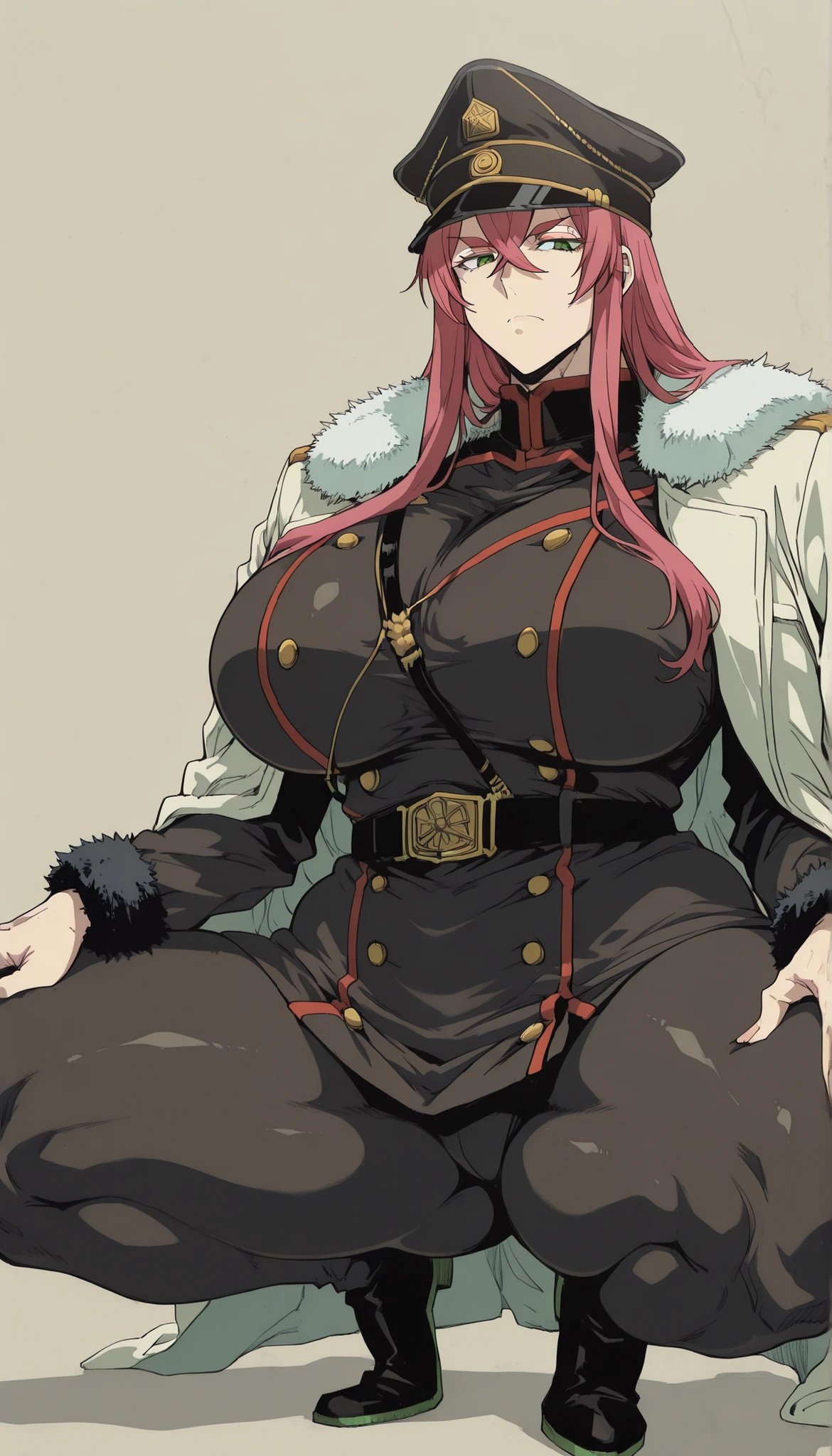  source_anime, 1woman, solo, mature, princia funnybunny, long hair, green eyes, pink hair, red hair, crossed bangs, sidelocks, hat, jacket, belt, uniform, fur trim, military, military uniform, peaked cap, large breasts, thick plumpy thighs, wide curvy hips, voluptuous body, Curvy body, thicc woman, in squats position, legs spreading wide, full body 