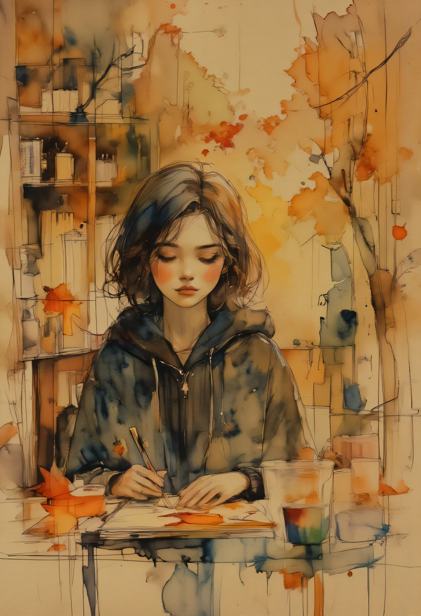 full body drawing of a girl watercolor painting, Autumn theme、ink stained background, apparent sketch