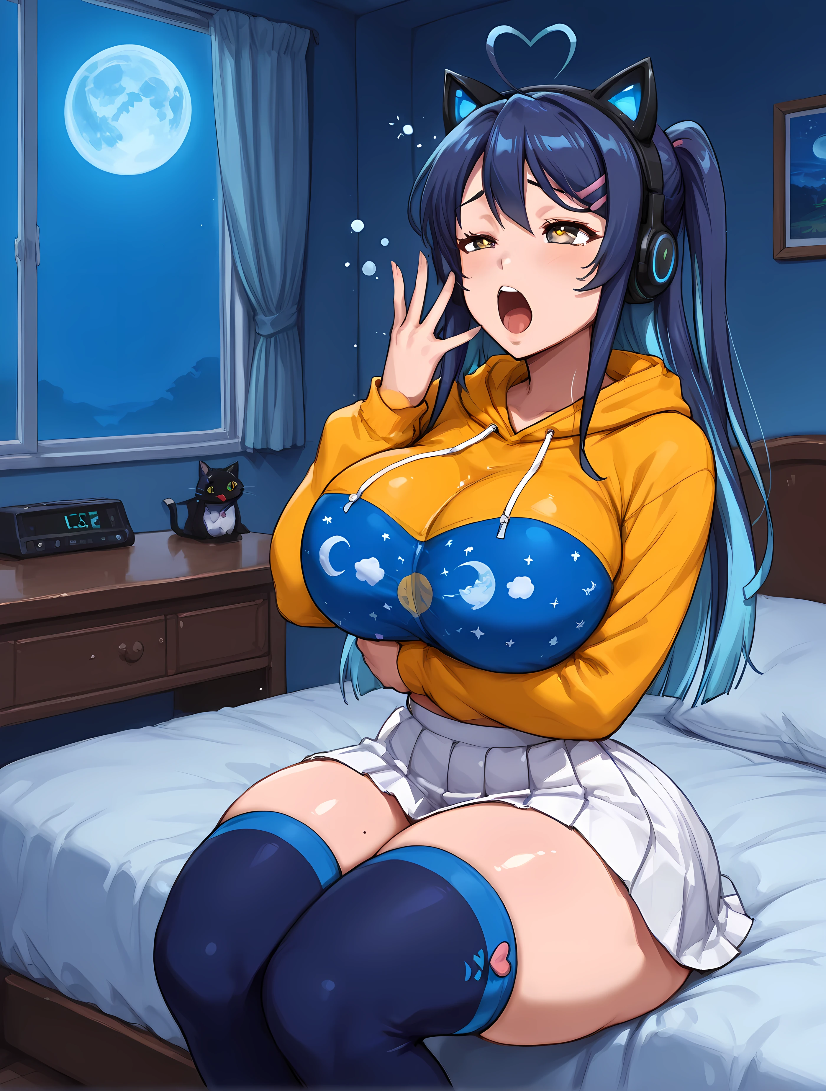 ((Incredibly detailed art, high side angle, long blue hair:1.12, extreme close-up:1.05)), ((Long blue hair with unruly ends, light blue light in the headphones, bright white streaks at the ends of the hair, blue moon design in the middle of the jacket, sitting hugging her knees, near the bed, headphones with cat ears with blue lights inside, in the middle of the night, an anime setting, 1woman, alone, solo, sleepy look, average breasts, shoujo anime style, game room, sailor-style outfit, yawning sleepily, white pleated skirt with blue moon print, adult body, blue knee-high socks, dark yellow hoodie with low hood and blue moon print, shiny and soft skin, similar to Mai Sakurajima, two small side pigtails, blue hair with straight bangs, Hyakkano anime style, ultra-detailed pupils, ultra-detailed yellow eyes):1.11), {Mai Sakurajima}:((thin waist, Heart-shaped ahoge, thigh-high stockings that tighten to mid-thigh, thighs together, long tight stockings on thin thighs):1.05), ((artist Maron Maron:1.12, Yareruko! Densha hentai body style:1.12, Kasshoku Bakunyuu x Pocchari Jukujosou 2 ~Kuso Bitch!! Mesubuta 2-hiki wa Ore no Chinpo Dorei!!~ hentai body!! style:1.12, Hyakkano anime style:1.12)).