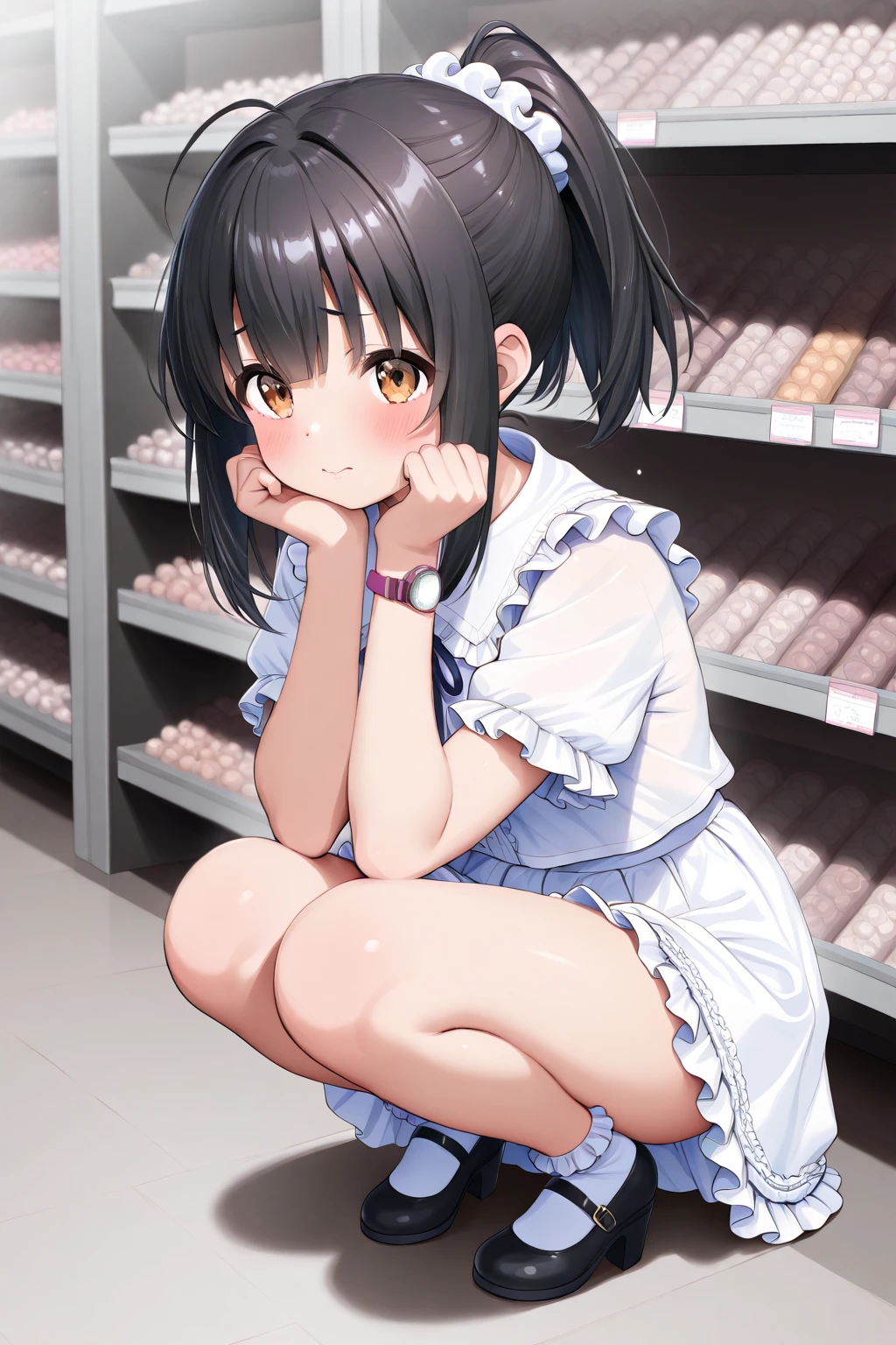 4K，One Girl, MS. end，thin，Very short stature，Very thin thighs，Blunt bangs，Short dress shirt, Half sleeves，Red Suspender ，blush, smile, Bobcut, Black Hair，Vibrant colors, ，A lot of  drips down her thighs onto the floor，(remote_play))，remote-vibrating-egg，((Someone else's hand holding a pink round remote control:1.3))、Ecstatic expression，Accurate and detailed female fingers，,blush,,masterpiece,12yo,