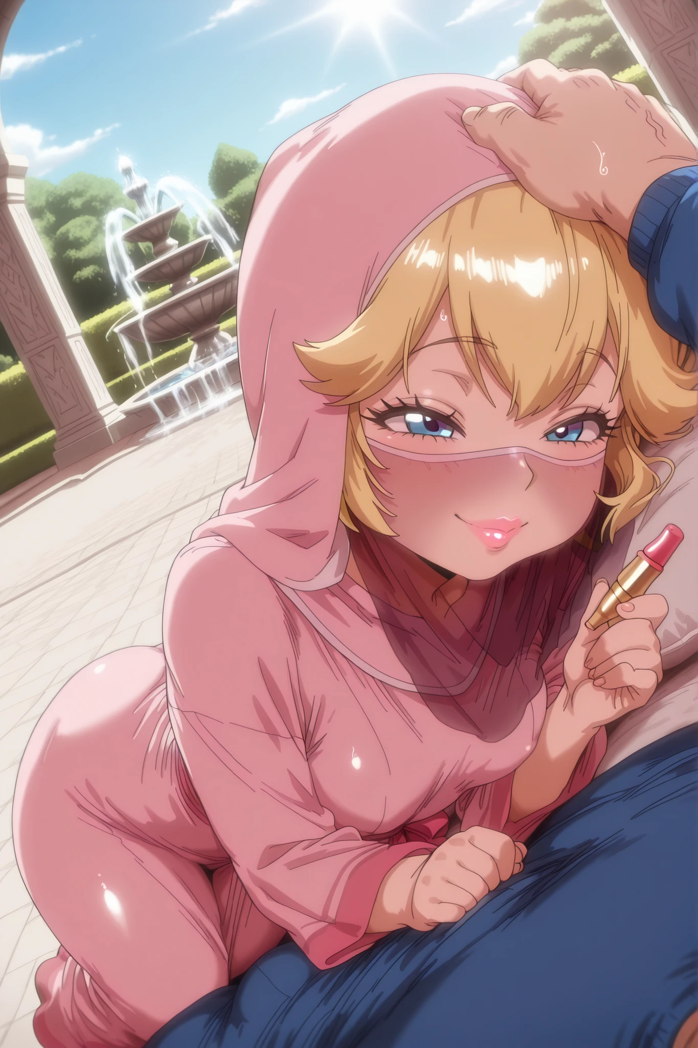(masterpiece), UHD, HDR, high res, insane detail, 8K, bright lighting, 1loli, muslim, hijabi, round butt, curvy, small breast, thick lips, pretty eyes, solo, happy, cute, solo, baggy robe, princess_peach,(super_mario), happy, sweat, outdoor, morning, headpat, caressing, faceless male, enthusiast smile, venus body, enthusiastic girl, soft lips, dynamic shot, intimate angle, bold lipstick, (fully clothed), face veil, hijab(clothing), face veil. bubble text: "im yours". underage, niqab, lying on lap, resting on side, leaning forward, on side, lying, faceless male, pov, pov arms, headpat, fountain, garden, arabian courtyard, intimate, cuddle, decent clothing, thick lips, (holding lipstick), realistic