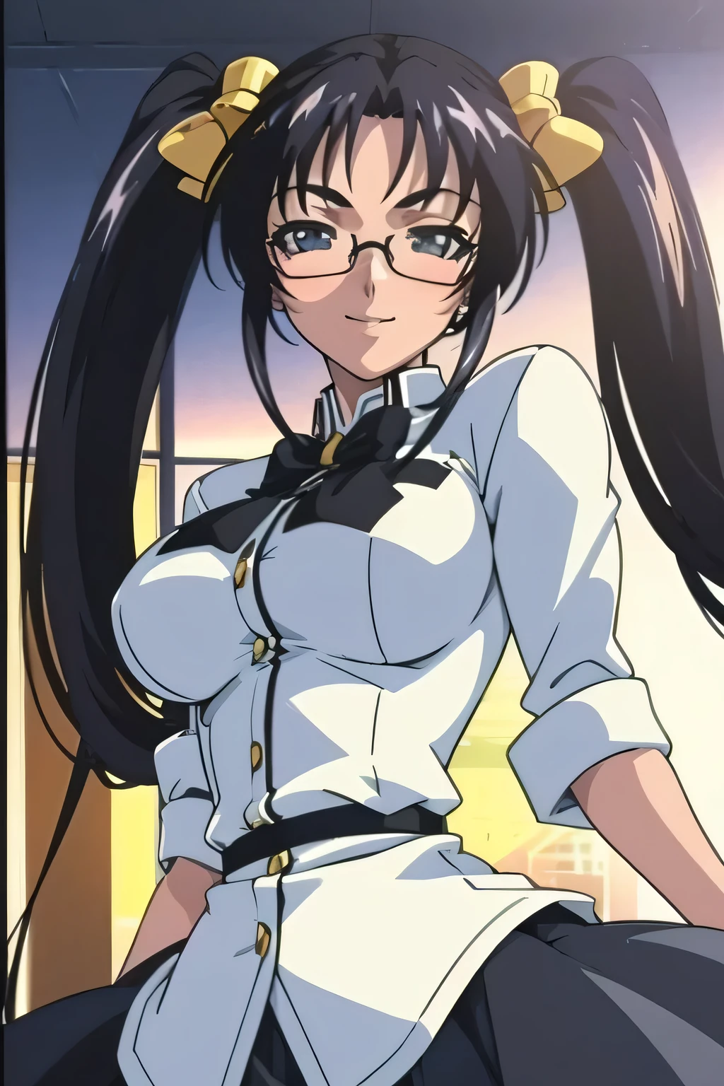 anime style, upper body portrait, young glamorous Japanese female scientist with golden twin tails, large round glasses, wearing oversized white lab coat over black blouse and tight skirt, mischievous smile, photorealistic anime lighting, masterpiece, 8k, high quality, depth of field, atmosphere of playful brilliance and youthful genius