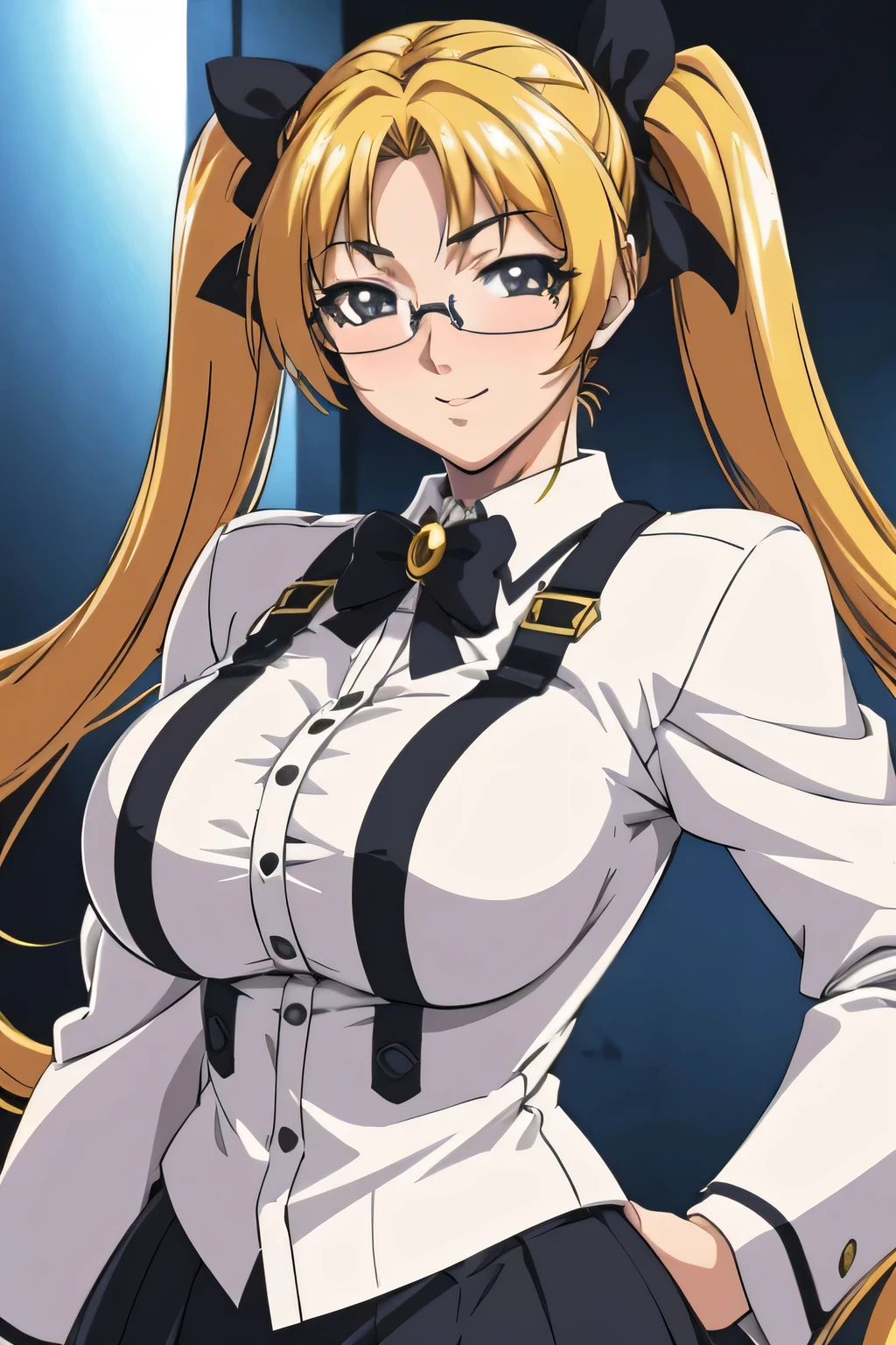 anime style, upper body portrait, young glamorous Japanese female scientist with golden twin tails, large round glasses, wearing oversized white lab coat over black blouse and tight skirt, mischievous smile, photorealistic anime lighting, masterpiece, 8k, high quality, depth of field, atmosphere of playful brilliance and youthful genius
