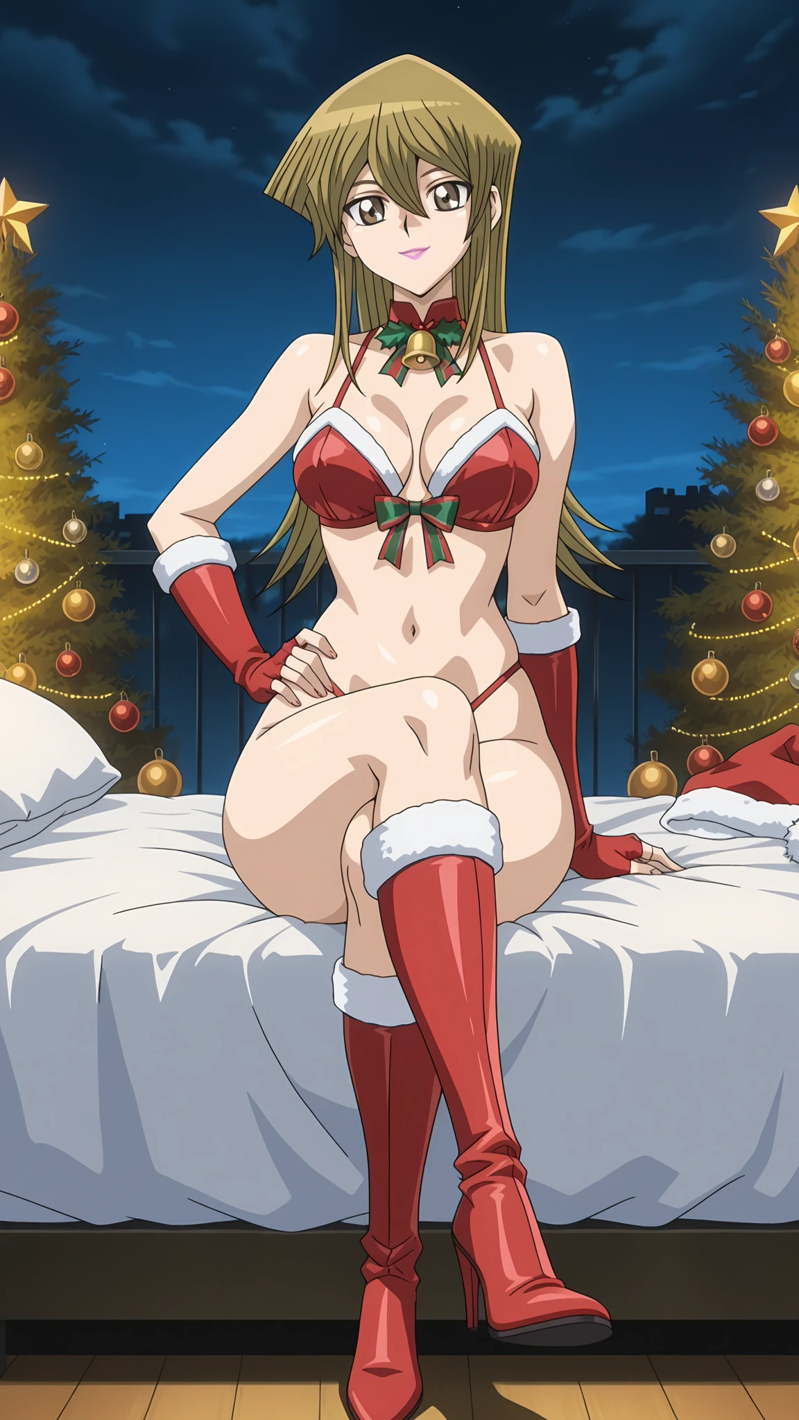 red santa claus dress, red santa claus hat, christmas tree, (luxury livingroom background), Sigui, mature woman, anime cels style, best quality, high resolution, 1girl, (????????????:1.2), beautiful face, Beautiful Finger, Beautiful long legs, Beautiful body, Beautiful Nose,Beautiful character design, long hair, brown hair, Bangs, green eyes, (cowboy shot), smiling, looking at viewer, beautiful ??????, beautiful ???????, beautiful ??????