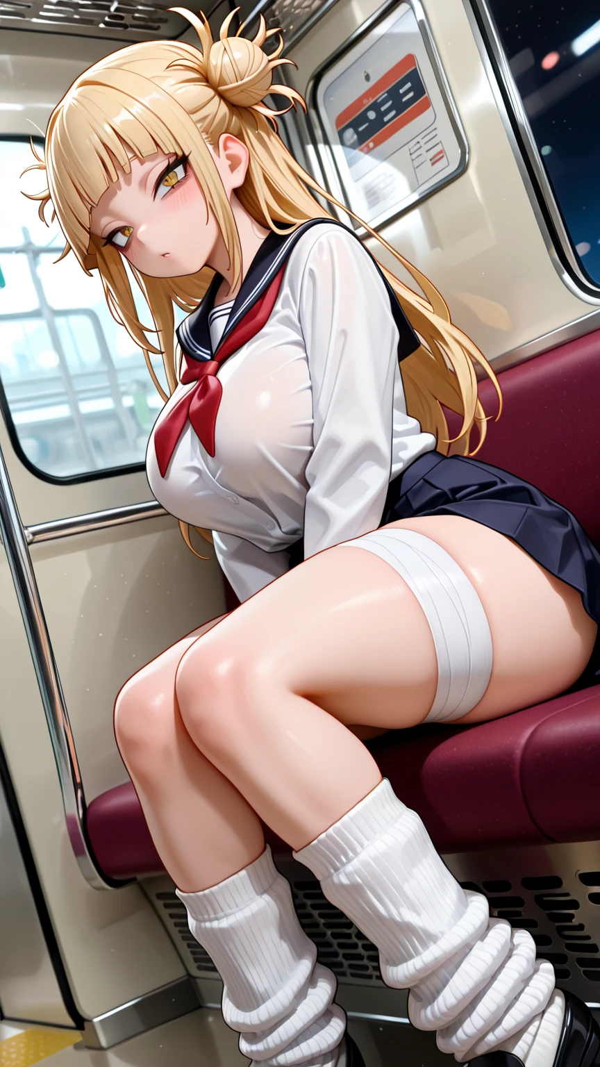 (((Stand with your legs stretched、Shooting from below))、(((Emphasize the crotch、Shiny underwear)))、Highest quality, 8k, masterpiece :1.3)), whole body, Sharp focus :One Girl,Glowing Skin,Sexy pose,Highest quality,Tabletop,shape,Very delicate and beautiful,Hmph,8k壁紙,wonderful,In detail,Official Art,Very detailedなティッカーUnity 8k壁紙,Unbelievably ridiculous,Large file size,Very detailedな,High resolution,Very detailed,Beautiful detailed girl,Realistic,X-ray,The queue is full,(((Uniform Blazer、mini skirt)))、(((Big Breasts、blonde)))、(((train、trainの椅子に座る、On the way to school)))、Stand upright、Cleavage , ((Long golden hair、loosesocks))、Uniform Blazer、exy pose、Hairstyle: Short bob、both hands、White loose socks