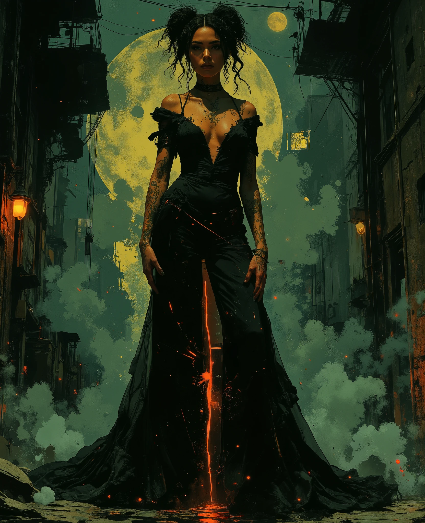 Impressionist surrealism, photo-realistic bizarre portrait of a beautiful, majestic caucasian half-Black lady—graceful yet an outcast, radiating eldritch aura and supernatural mystery. Deep golden-brown skin glows with lifelike detail. She stands in a dramatic, avant-garde gothic dress: the gown is non-explicit yet features a daring high slit that reveals her robust, long legs, and an elegant low-cut neckline showing natural cleavage. Her pose is theatrical, with large expressive dark eyes and a gap-toothed beguiling smile exuding otherworldly energy. Her physique is striking, with a petite upper body, medium 32C breasts, powerful larger arms, trim yet slightly thicker waist, dramatically wide thighs, large, round ass. Tattooed script of loved ones on her arms and chest; unfinished bowtie tattoos on thick thighs. Swirling tendrils of shadow and iridescent light evoke ancient cosmic power, casting mysterious symbols and ethereal radiance. The moody background merges crumbling antique wonders and modern facades in cool tones, surreal textures, gothic opulence, and bold lighting. Her high-fashion details draw inspiration from McQueen, Mugler, and Gaultier. She is enveloped in haunting, melancholic glamour—chosen and enchanting—blending history, futurism, and eldritch magic in a cinematic, ArtStation-worthy masterpiece. Waist and thighs a little thicker, ass larger