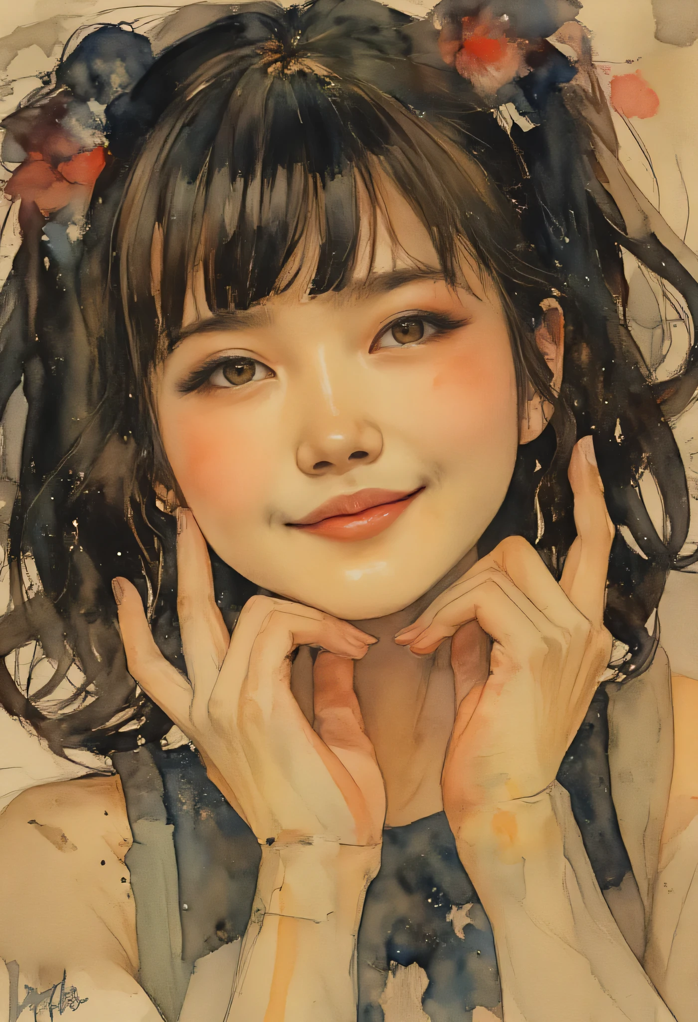 Beautiful Girl Portrait Watercolor Painting, Enthusiastic Stage Performance Theme、Smile Yan、ink stained background, apparent sketch、yuimetal 、