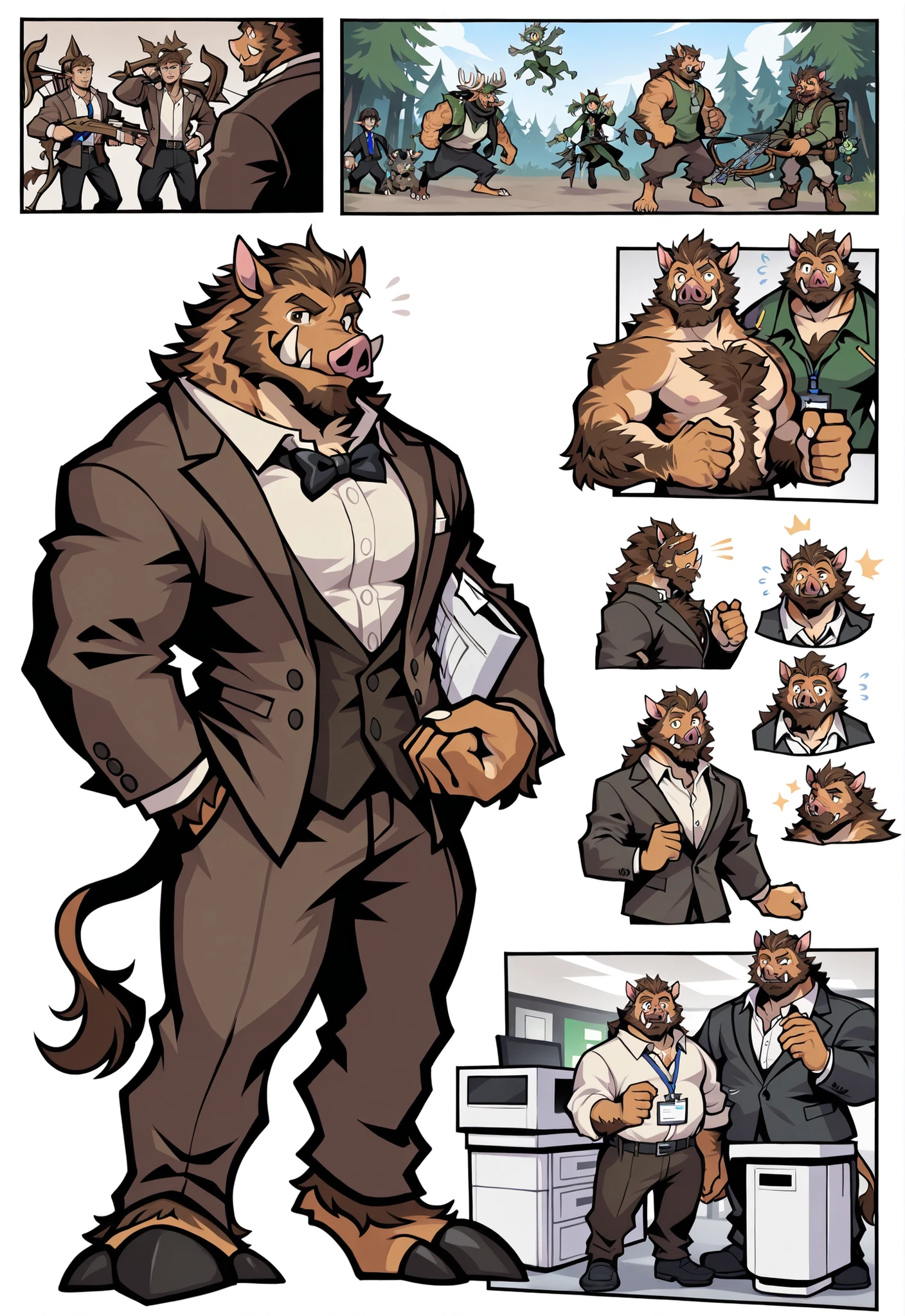 Experienced character reference sheet adoptable for office elves bestiary, masterpiece , modern day alternate universe, no background, full body, multiple views , best quality , masterpiece , character sheet , dungeon & dragons , visual novel , featured on Pinterest , dynamic. Office elves bestiary, the many various elf characters of an office building from the Netherworld. Fantasy world elves in business suits, hang around the water cooler, change printer ink, run daily office computer tasks in their Medieval themed cubicles! Office work, computers, reports, meetings. Quality, high quality, ultra high resolution, Exquisite Faces, manly men, hairy muscles, archery, forest themed cubicles, crossbow, arrows, bows, hunting wild boar, office hunters, null-ghost,Takemoto Arashi. Score_9_up ,Score_8_up ,Score_7_up ,Score_6_up, best quality, masterpiece, perfect hands, elves, 5 fingers, many body types, office supplies, no markings, no watermark, masterpiece, best quality, high details, perfect eyes, award winning, highres, HD, 16k. Some magic, enchanted special effects, highly detailed face, no defects, no watermarks, perfect eyes.