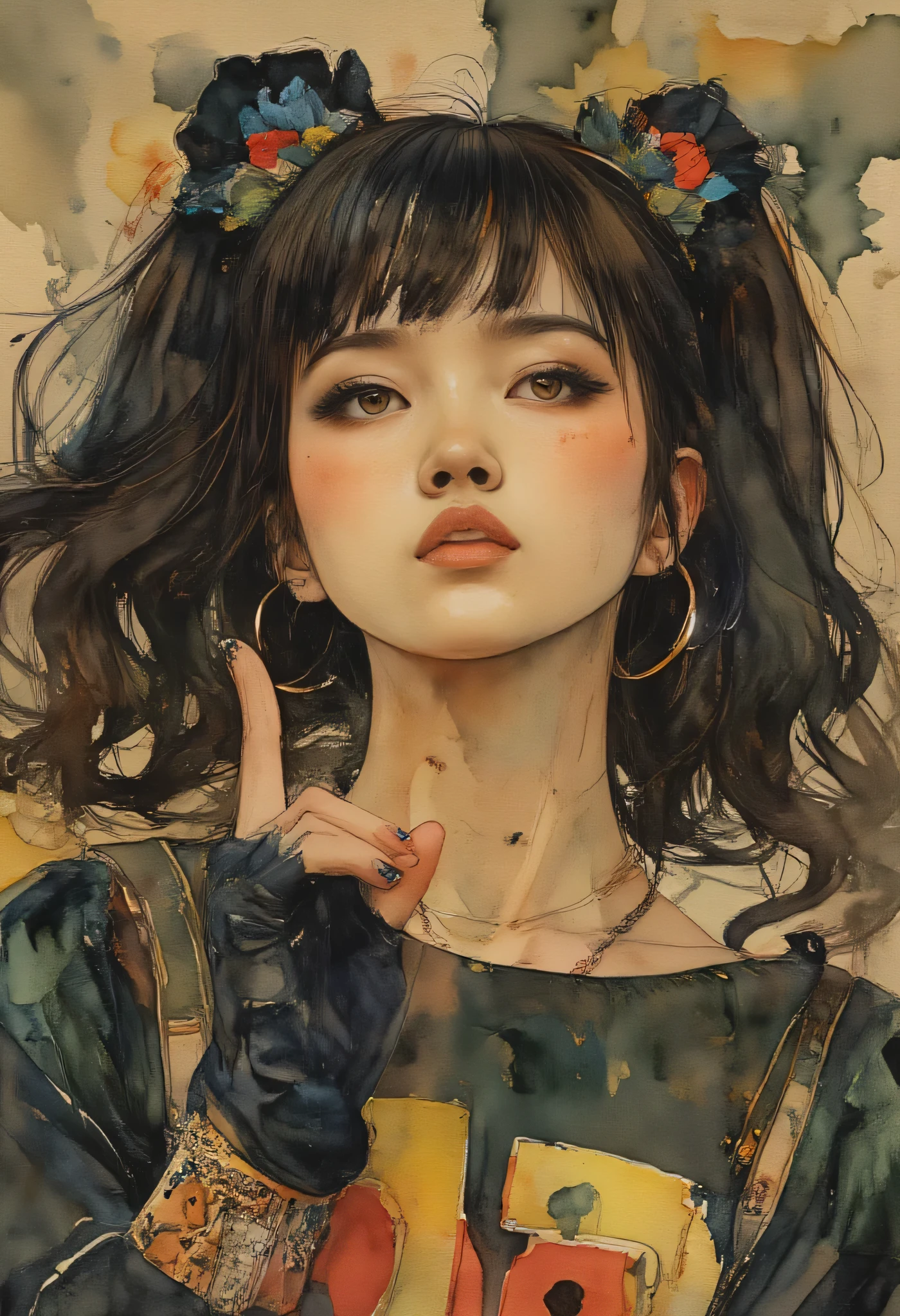 Beautiful Girl Portrait Watercolor Painting, Enthusiastic Stage Performance Theme、Pose where you raise your chin up and look down、ink stained background, apparent sketch、yuimetal 、