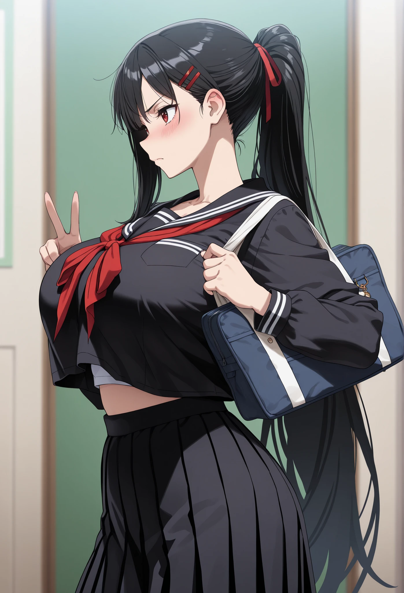 1 girl,kind gaze,hd, másterpiece, absurd,, Big saggy breast, inlove gaze, , blush,masterpiece,best quality,amazing quality,anime coloring,masterpiece,best quality,amazing quality,anime coloring,, shallow depth of field , photogenic, super high resolution, ( best quality:1.2, highly detailed , high detailed CG illustration , Soft Focus , Masterpiece:1.2, Best Aesthetics),)) ,4 fingers, red eyes,serious face,high ponytail hair style,Black school uniform,red ribbon,hairpin,Big breast,bow, bag,archer equipment,look to You,Black hair