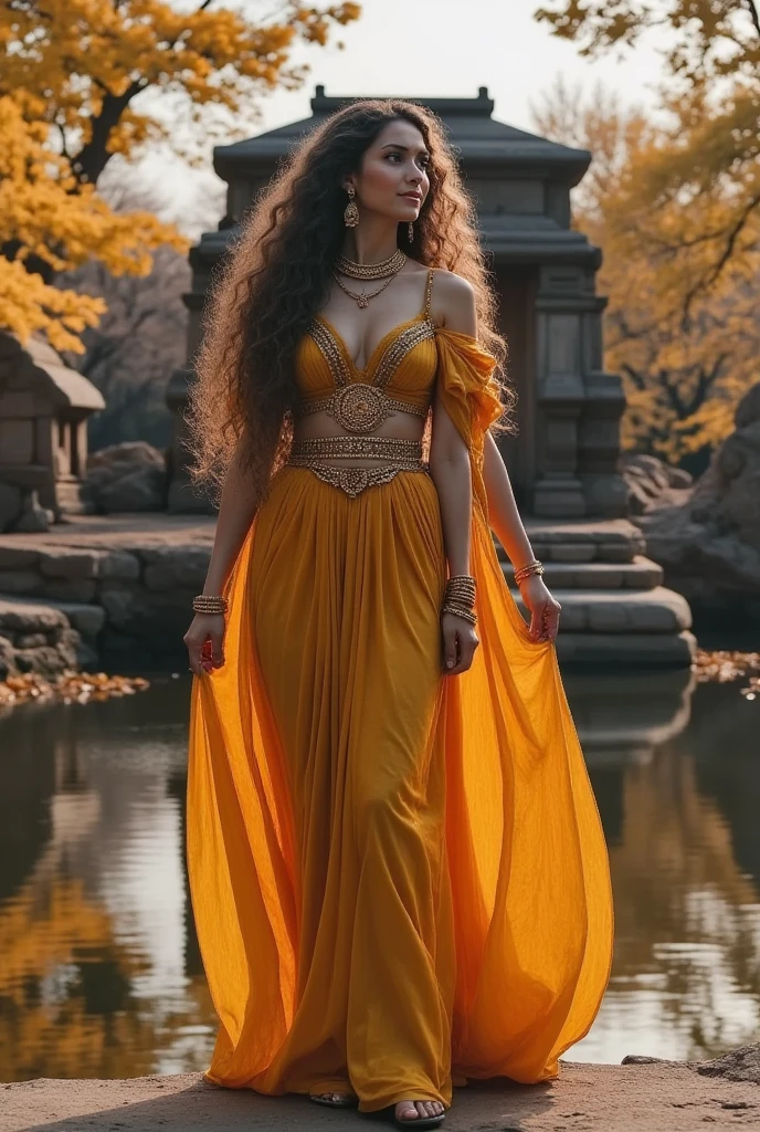 Eastern Elf, voluptuous body, clear eyes, Arcane gold dress, amuleto, brincos, botas