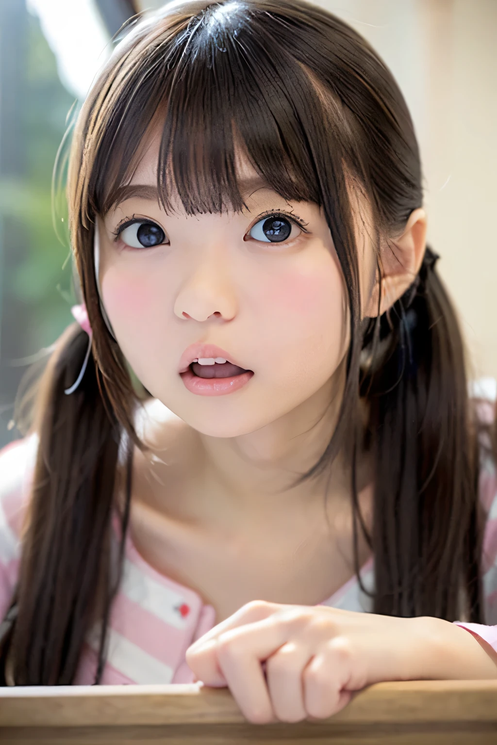 babyのような顔、3 years old、girl、round face、Ponytail、baby、((surprised face))、Plump Cheeks、narrow eyes、Droop、surprised face、Open your mouth with a gobble、(looking up diagonally from below)、一人のgirl