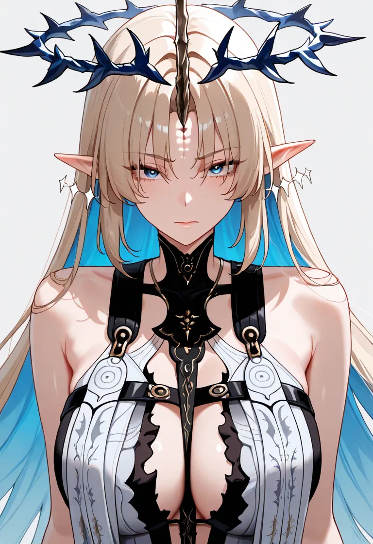 ​masterpiece、top-quality、ighly detailed、hight resolution、１６ｋ、fullnude、Teetoob proportions、golden armour、Very thin skirt、Looks like a black pantal body、Very white skin、Beautiful fingers、Anime girl with very  posing naked、Perfect Style、elvish、no-bra、Blonde blue-eyed、A smile、An elf girl