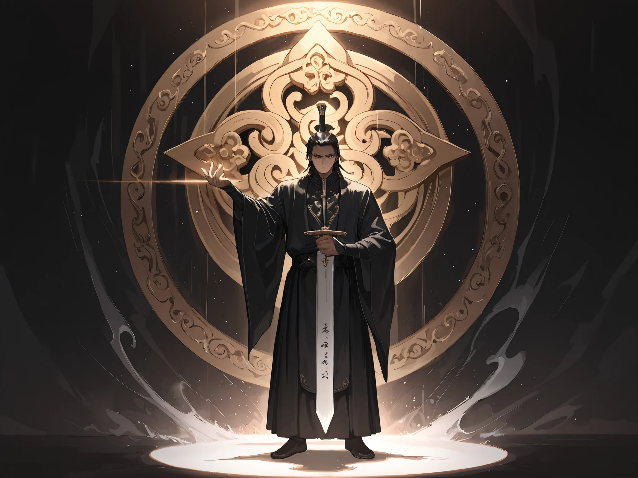 (Masterpiece, best quality, ultra detailed illustration), cinematic full-body shot. Wang Zhengnan standing in full view facing the viewer, a man in his 40s-50s with serene but focused expression. He wears simple Ming dynasty scholar's robes, standing in a classic taiji stance. He holds a straight jian sword in one hand with perfect balance, while his other hand forms a soft circular gesture. A barely visible, subtle mist of silvery-white qi energy flows gently around his body and sword. The background is completely neutral and dark, with only the faintest suggestion of calligraphy brushstrokes in the air. The atmosphere is calm, meditative, and deeply focused — the essence of internal martial arts mastery.
--ar 2:3 --niji 6