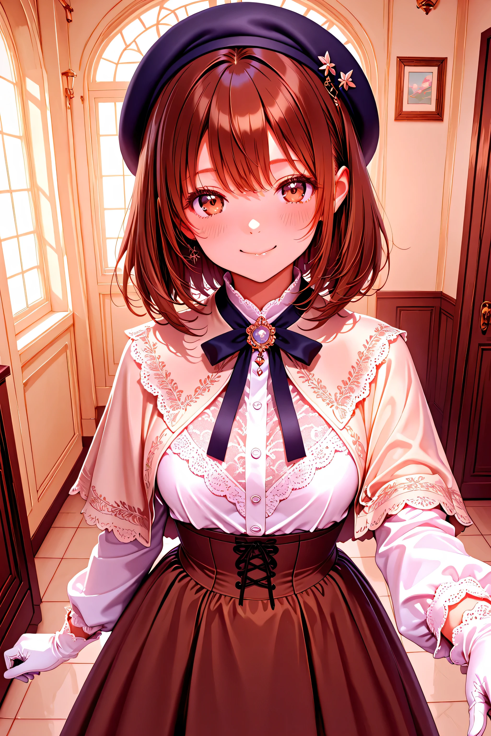 masterpiece, Highest Quality, delicate face,Advanced Digital Art、 beret, beige lace capelet, white lace blouse , brown skirt, white gloves, pastel colors that float on water、brown hair color、、Relax in a gothic room、Smile、tile floor