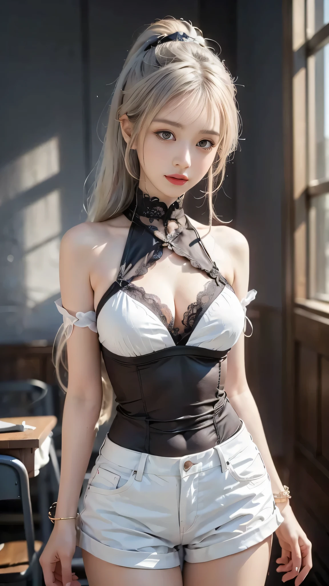 photorealistic, high resolution, soft light,1women, solo, hips up, shining skin, (detailed face), rabbit ears, white hair, necktie, wrist cuffs (wearing a satin corset and thigh highs), skirt, jewelry, tattoo