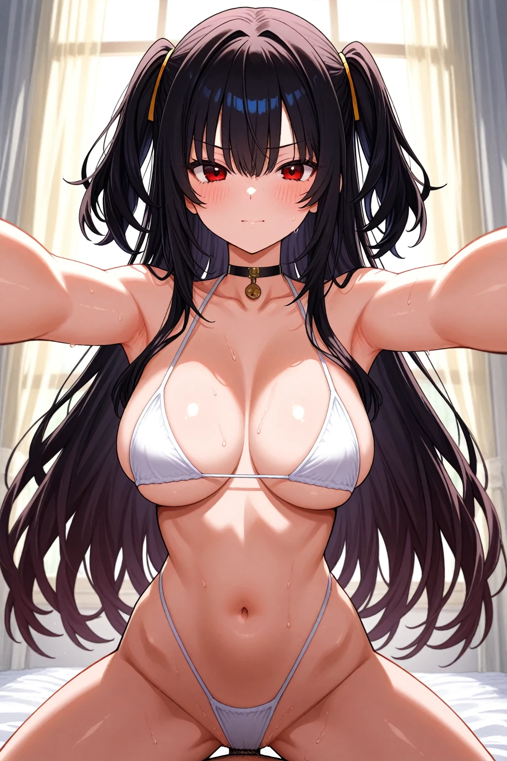 I want you to create a woman with long dark hair without a shirt, she has a neutral face and dark pants on her body, She is not wearing a camis or bra showing her ??????? and muscular and defined body, she is lush with ????????????? her upper body 