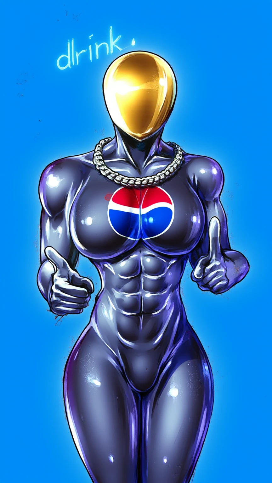 (((Masterpiece: 1.5))), ((2D Vector Style Image: 1.2)), Solid colors, vivid colors, front view, high angle view; Blonde woman with large breasts, ((dressed as Pepsiman)), full body costume, running; ((background vector style: 1.2)), city, midday light