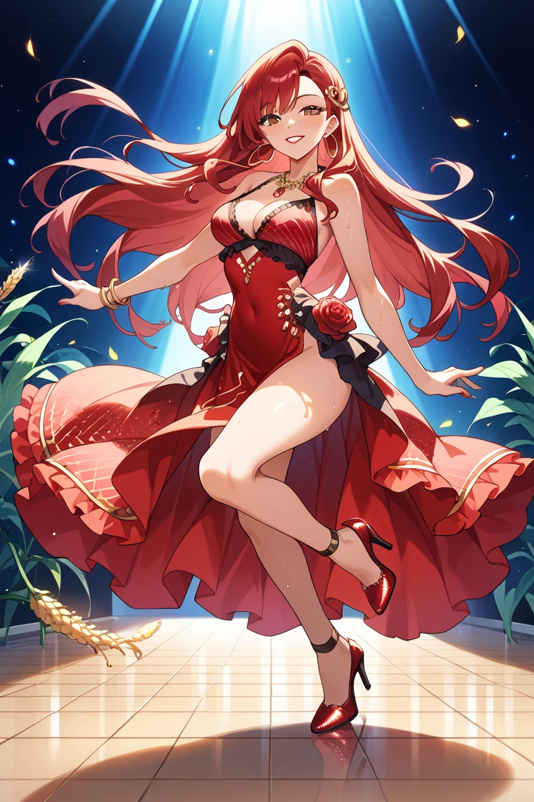 A girl sitting on a giant tomato-shaped cushion　Red dress with ruffles　(green ribbon headdress)　red hairs　(Tomatoes are growing all around.:1.5)