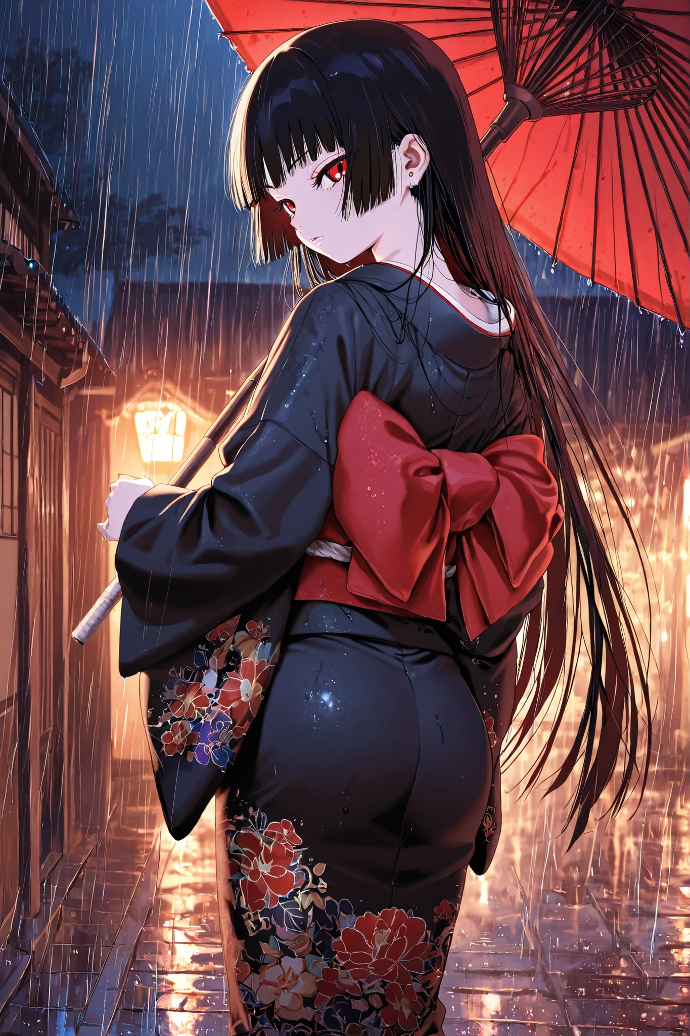 masterpiece, high quality, high quality , Newest, night,rain,Outdoors,glare,watch the viewer break it One Girl, Alone,
Enma Ai, Kimono, long hair, black hair, luxurious embroidered Kimono , homecut, bang, blunt bang, jewelry, black Kimono, Red Eyes, BREAK
standing ,look back,umbrella, red umbrella, oil-paper umbrella, bangasa