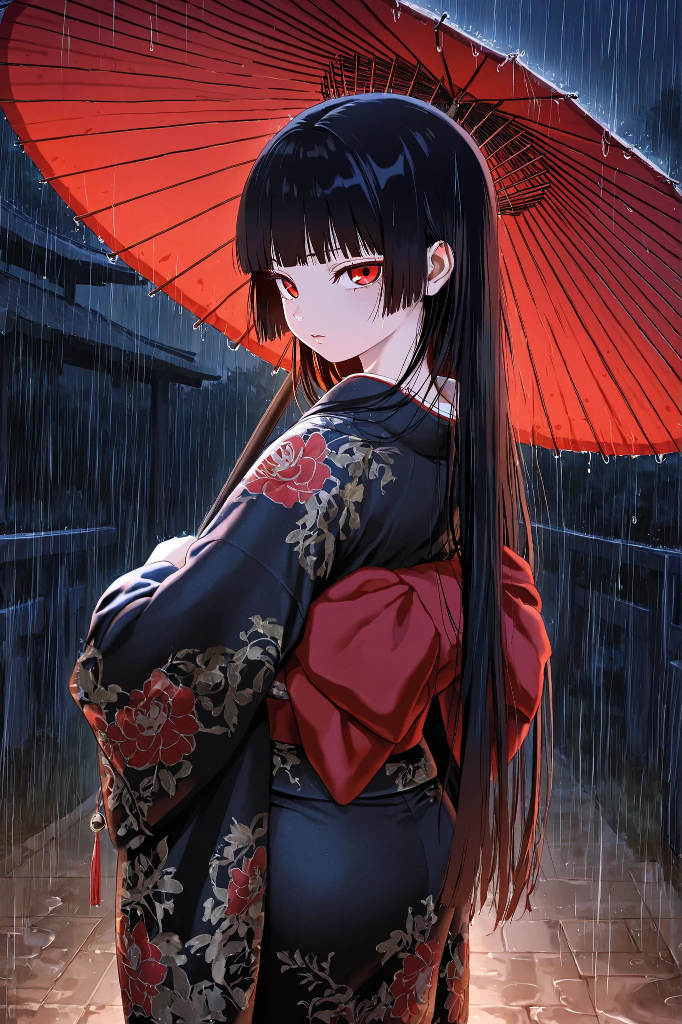 masterpiece, high quality, high quality , Newest, night,rain,Outdoors,glare,watch the viewer break it One Girl, Alone,
Enma Ai, Kimono, long hair, black hair, luxurious embroidered Kimono , homecut, bang, blunt bang, jewelry, black Kimono, Red Eyes, BREAK
standing ,look back,umbrella, red umbrella, oil-paper umbrella, bangasa