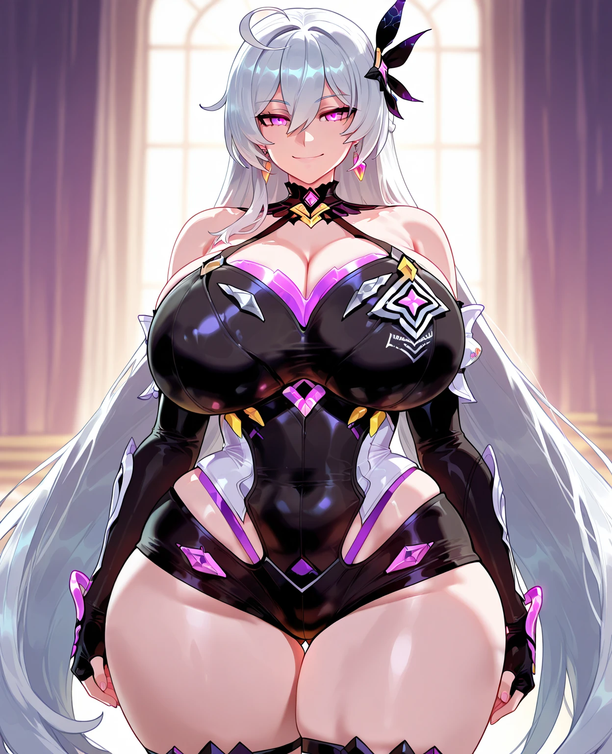 Nasheed_Genshin Impact Long Hair、Rabbit ears朵2.0、（Purple Eyes 3.0）、bangs、Pointed ears、Hair accessories、White hair、Symbolic eyes colorful hair、Side Ponytail、Gradient hair、（Purple Hair3.0）、Hair between the eyes、Interpupillary cross,Awkward,blush,(Perfect hands),(Perfect anatomical structure),(masterpiece),(best quality),((masterpiece、best quality、Very detailed)、((A girl))、((Purple Hair、Very long hair、Cover your eyes))、Pink Eyes、Smile、((There are many piercings))、((Very ?????????????))、Cowboy shooting、Shot from below、12 year old girl、((best quality)), ((masterpiece)), (detailed), (character focus、????????????,whole body), Anime 2D Rendering, Realistic young anime women, Five fingers, Perfect face, Beautiful details, Beautiful Body, Beautiful ???????, Beautiful thighs, (????????????)、Beautiful Feet, (Fair and beautiful skin), baby face、A girl、 (Bunny Girl）、,((Grin))、She turned her face and body toward the audience，Beautiful face and charming smile，eternal，Hair Cover your eyes，（?????????????），???，Shy，Exceed，Thick Legs，Succubus，Fascinating three-dimensional,Fascinating three-dimensional，Fascinating three-dimensional，Magical girl，Black shiny，（（前发Hair Cover your eyes）），night，No backrest，whole body，Purple Hair，Purple Eyes,???? legs，No backrest，Black clothes，Bunny Girl，Rabbit ears