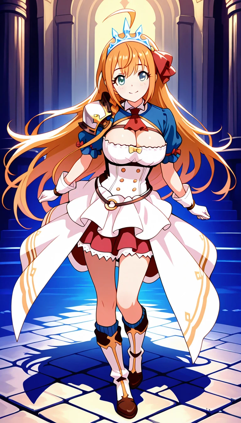 RED_Ribbon_on_HAIR_band,(????:0.7),Masseter muscle part, highest quality, Super high resolution, highest quality, anime style, best lighting, beautiful face, masterpiece, 8K, High level image quality, High pixel count, 1 woman, 1 girl,solo, Blonde and red gradient hair, red eyes, A big smile, Full body Esbian, (Face-centric:1.1), facing the front, wearing a uniform, village background, countryside village, upper body, (White haori:1.2), (??????????????:1.1), WHITE tights, ????? opens:1.4,cleavage,cleavage cutout,hosimiya ichigo,,((((skirt lift)))),((Purple color panties)),(pointy_panties,from below),????????