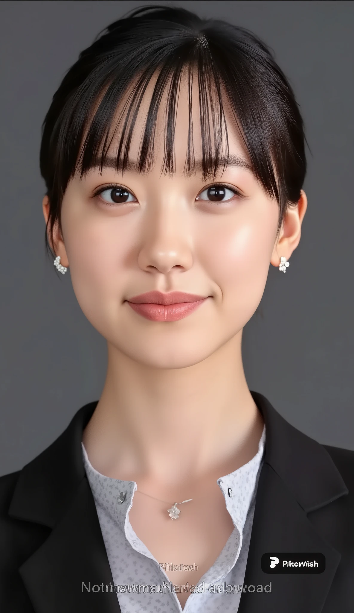 Passport photo of a neat and young woman、大人っぽく色っぽい女性、、and look at the camera、office lady suit、jacket、shirt、necklace、、ear piercing、前髪あり、無表情、口を閉じている、への字口、、face close-up、grey background