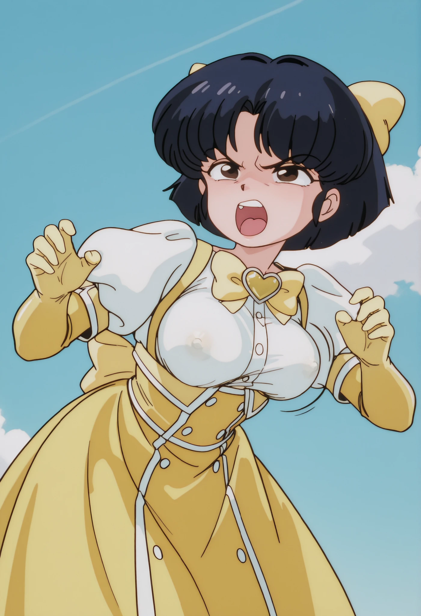1 girl, tendou akane, dark blue hair, short hair, dark brown eyes, medium breasts, NSFW, angry expression, angry, al aire libre, flying, blue sky with white clouds, Ojos detallados, detailed breasts, sexy waist,  sexy hips, cosplay, Mahou Shoujo ni Akogarete cosplay, Magia sulfur cosplay, white dress, yellow dress, white blouse with large yellow bow, yellow corset with silver buttons, white skirt with olanes, long yellow gloves, large ribbon on the back, heart-shaped ornament on the neck, pose sexy, beautiful wide lips, looking at the spectator, detailed mouth, alone, in front, fight pose, bouncing breasts,  screaming, leaning forward, sexy, detailed image, Clothes Destroy, naked breasts, sexy nipples, nude, yellow panties, rape, 