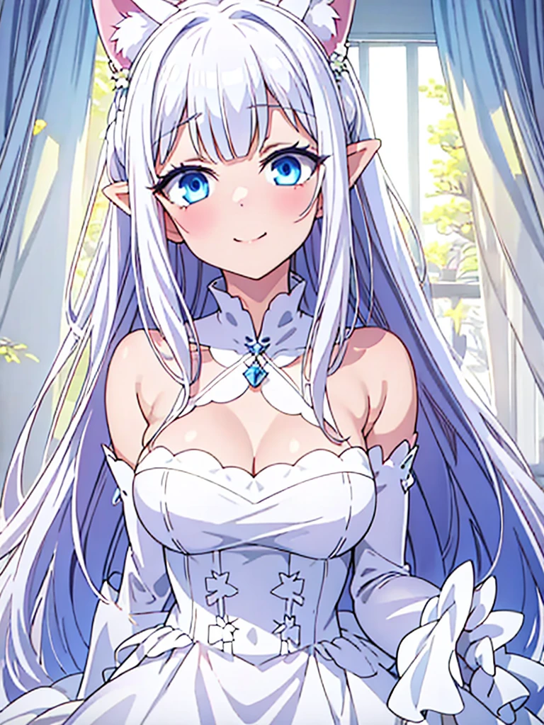 Lazy wind，wide blue eyes，White hair，Dull hair，Beast-eared maiden，White tones，sitted，1girll，Solo，adolable，white dresses，Big hazy eyes，Facial details are exquisite，Beth，onbed，Impeccable，Cute pose，Plush cat's paw gloves，Shy laugh，The complexion is reddish