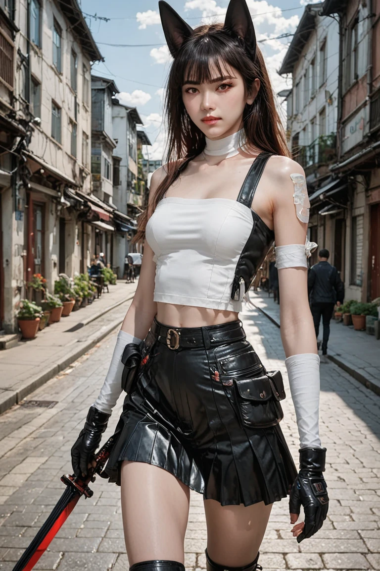 8K resolution, masterpiece, Highest quality, Award-winning works, unrealistic, tifa lockhart, 20-year-old, sexy college school girl, black long hair, beautiful Perfect Face, Soft Skin, Perfect Face, Yasutomo Oka's painting style, 165cm tall, Three sizes are 92/60/88, lime green , white silk camisole, deep Cleavage, skyblue very long skirt with many pIeats, black garter belts, knee high socks, black pumps, details, Splash screen,Sharp eyes, crystal blue eyes, pink lips, BREAK, White Silver, dynamic sexy poses, Sweat, Strong winds, standing alone on station platform, waiting for train coming