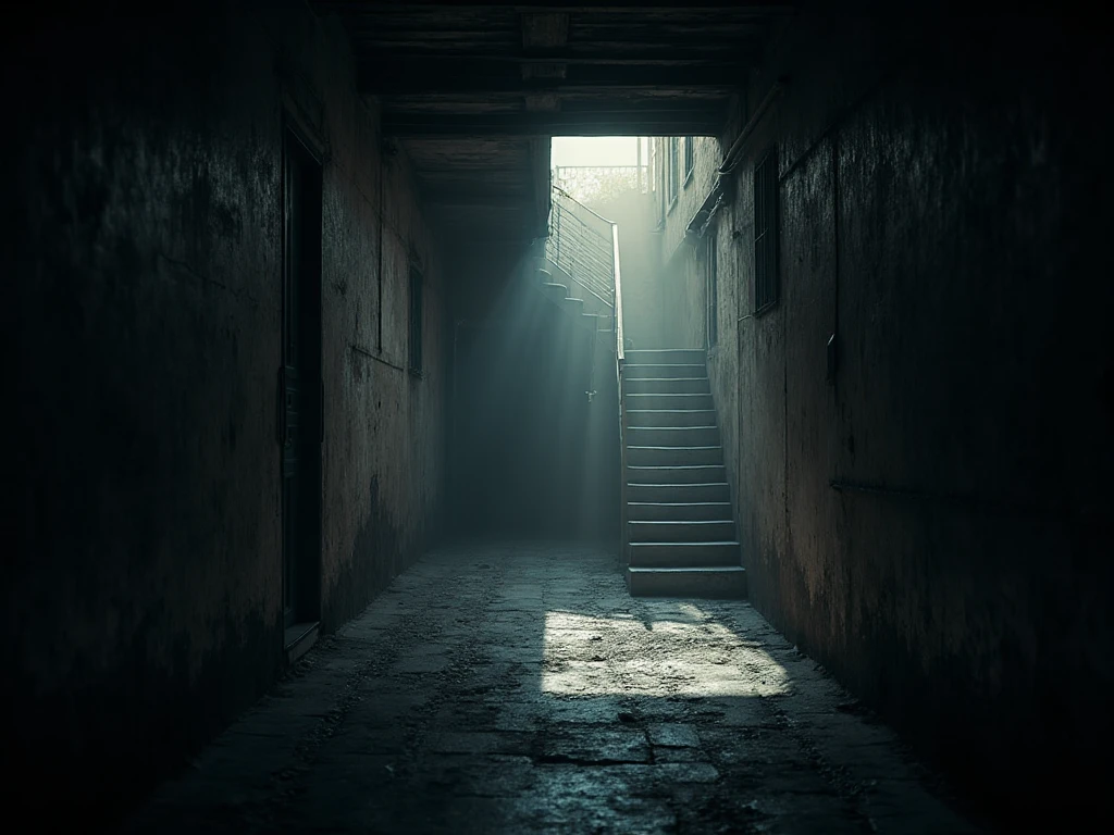 corredor de casa antiga com objetos quebrados, dark and macabre Resident Evil mansion style environment and alone in the dark. Piso com tapete persa rasgado, post apocalyptic scene. Escuro, atmosfera noturna, sinistro local de terror estilo Outlast e Resident Evil. sem personagens na cena. Views from 4 angles of the same scene. night time. Corredor escuro e macabro.