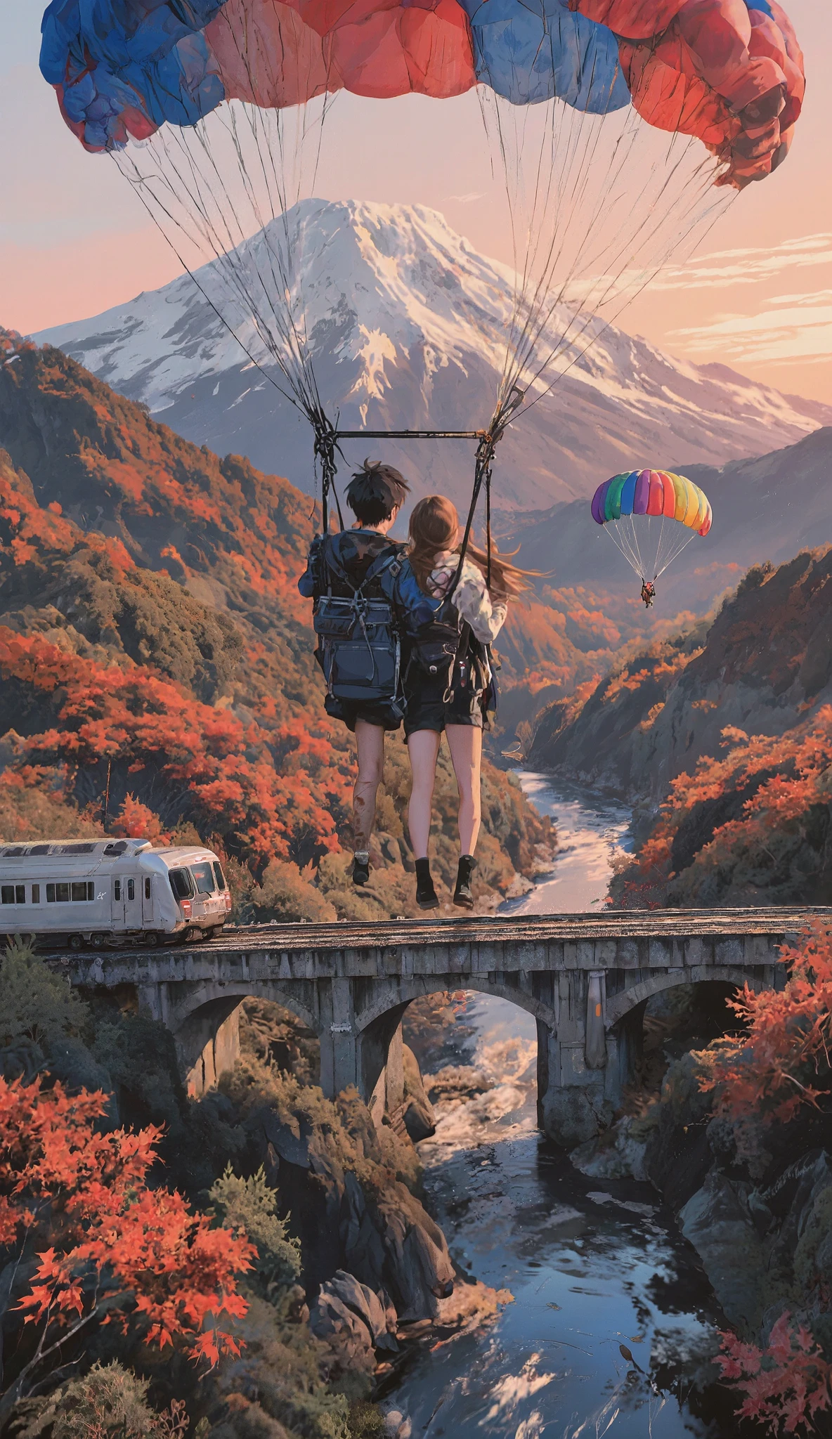 (masterpiece, Super Detailed, High fines, super detailed illustration,beautiful sunset in the Japanese countryside、Mountain of autumn leaves 々 々it's a happy time for two、, Very Aesthetic, romantic anime, Fantasy Anime、
young man and woman coupleは、and、spare parachutes, altimeters, etc.、
what they can see、Mt. Momiji々looks like a fluffy carpet、they ride {X} and、colorful parachutes flying all the way below them look small、Freefall and elegant time。understand the image accurately、
what they can see、the environment showing spectacular atmospheric conditions、
young man and woman couple、Autumn outfit、Wo male(cute with white skin、long brown hair、Slim)、 male(ハンサムな male, 20 years old、short black hair falling on shoulder、pretty hair、tall、Slim、Long Legs、kinds)、